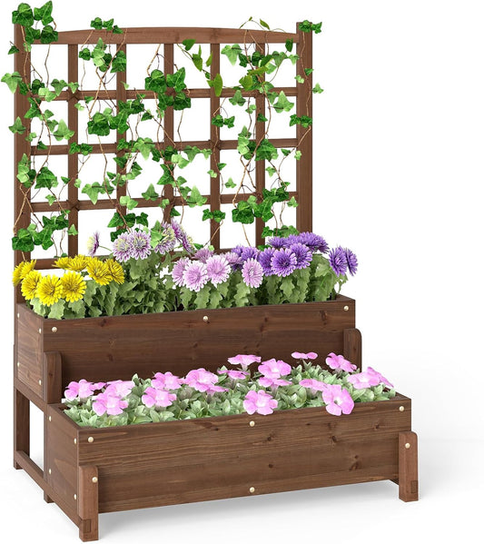 HAPPYGRILL Raised Garden Bed with Trellis, Drainage Holes, 2-Tier Wooden Elevated Planter Box w/Legs for Climbing Plants Vine Flower Herb Vegetable Fruit, Outdoor Garden Box for Patio Balcony