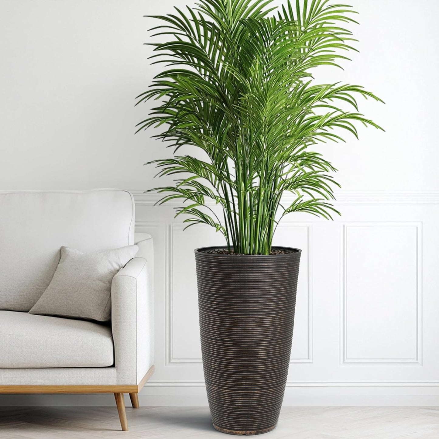 23.5" H Tall Planters, 2-Pack Taper Large Flower Pots for Indoor Outdoor Use, UV-Protect PP Plant Container for Garden Patio Yard Balcony Porch or Home Decor, Bronze Vertical Stripes Texture