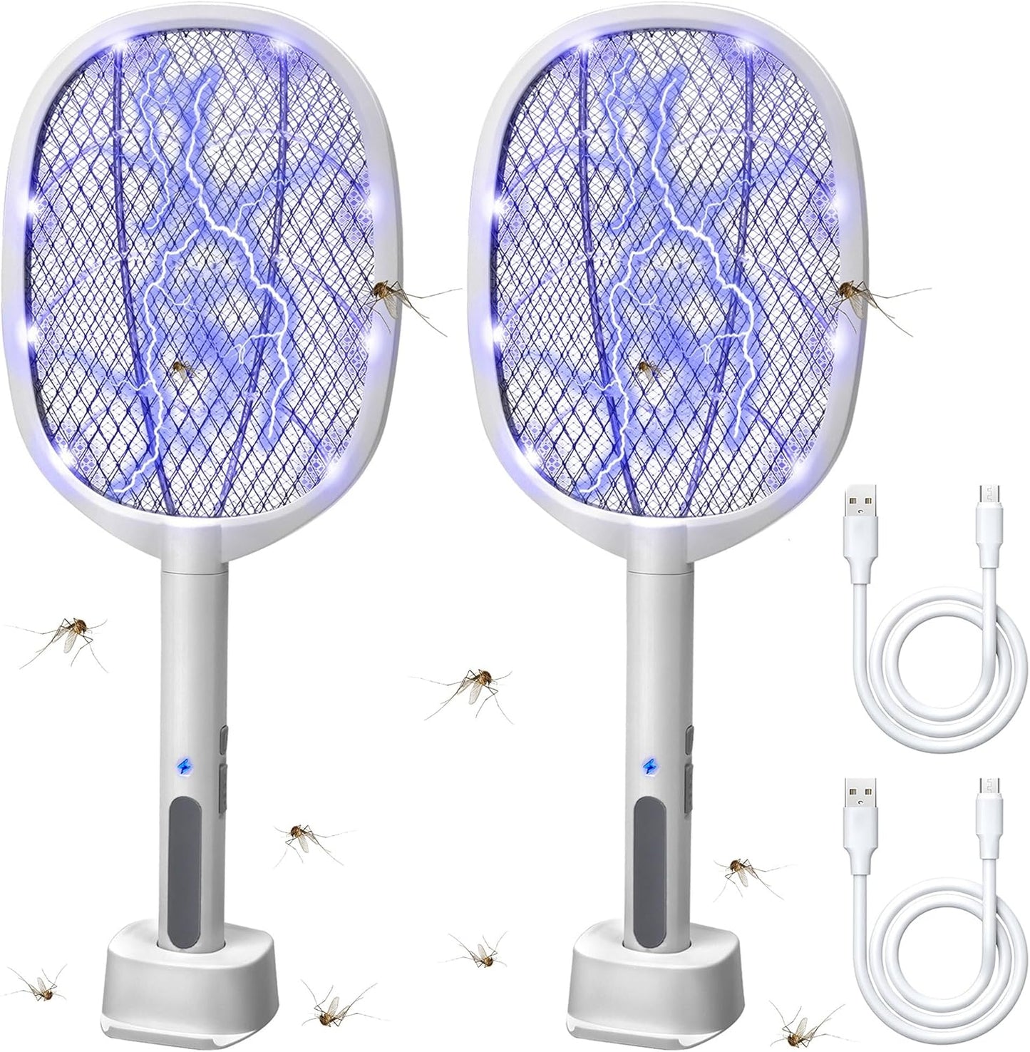 Lulu Home 2-in-1 Electric Bug Zapper Racket, 2 Pack 3000V High Voltage LED Lighted Handheld Mosquito Swatter with 3 Layer Safety Mesh, USB Charging Portable Fly Killer Racquet