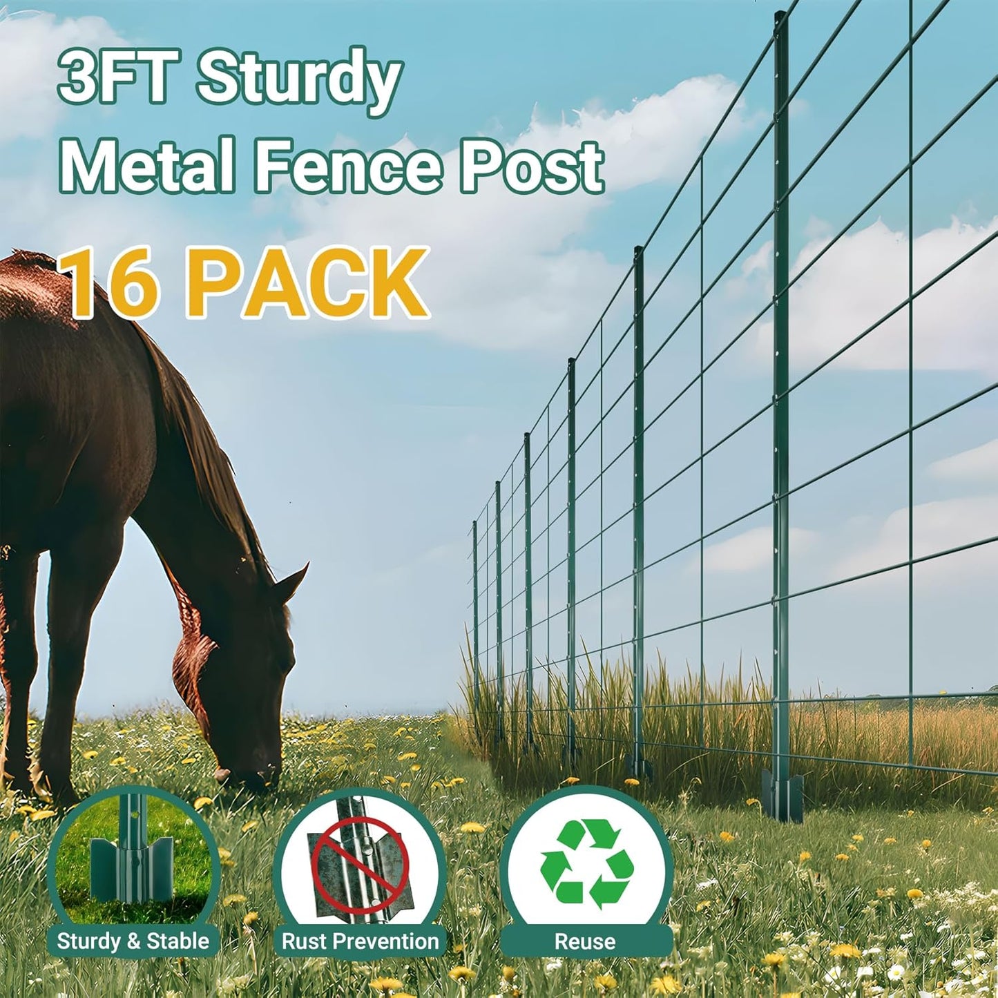 Fence Posts 3 Ft - 8 Pack, Heavy Duty Metal Fence Post, No Dig U Post for Farm, Garden, Orchard and Outdoor Wire Fencing (Green)