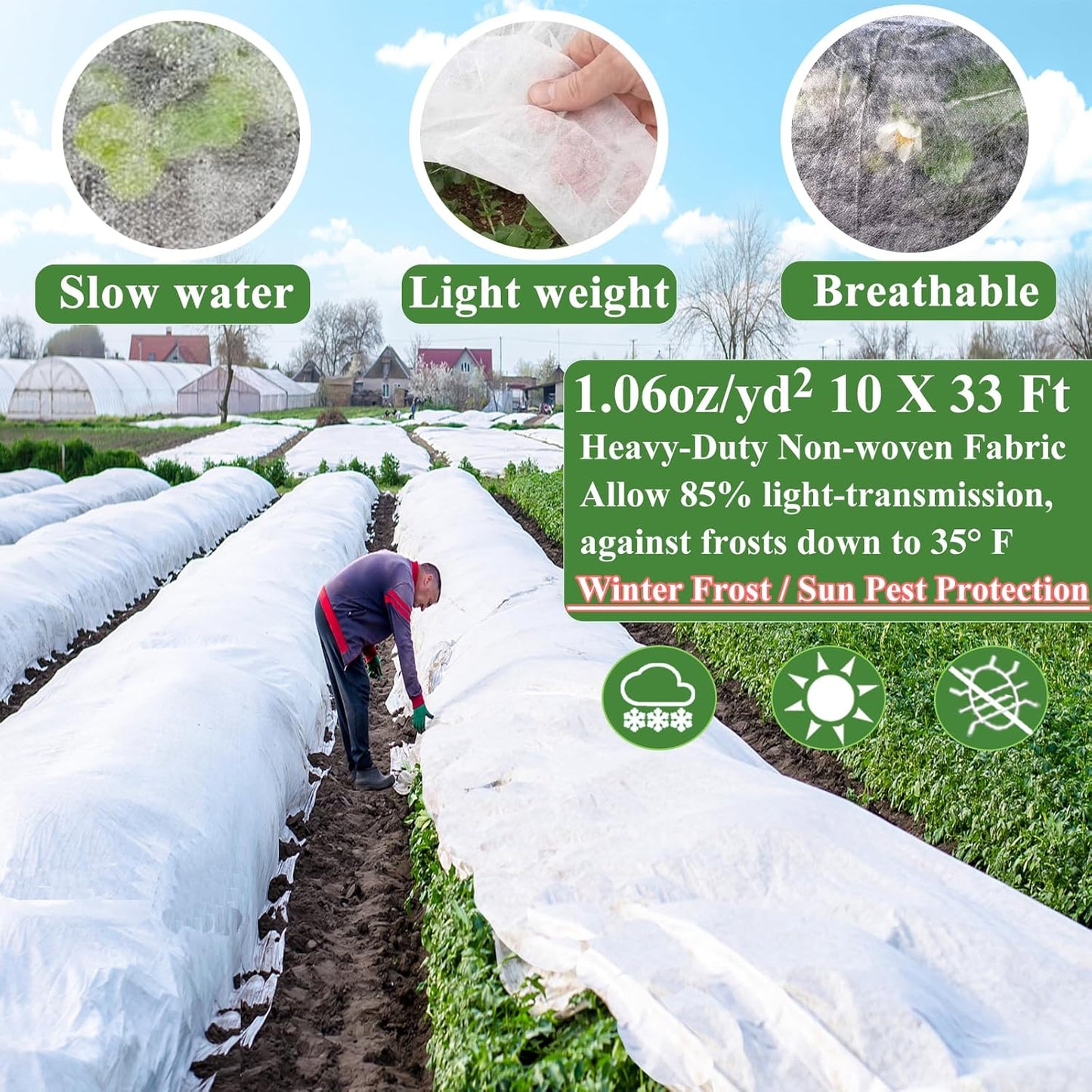 Plant Covers Freeze Protection 10 x 33Ft with 20 Stainless Steel Clips- Frost Cloths Plant Blankets Floating Row Cover for Outdoor Plants Winter Raised Bed Greenhouse Frost Sun Protection