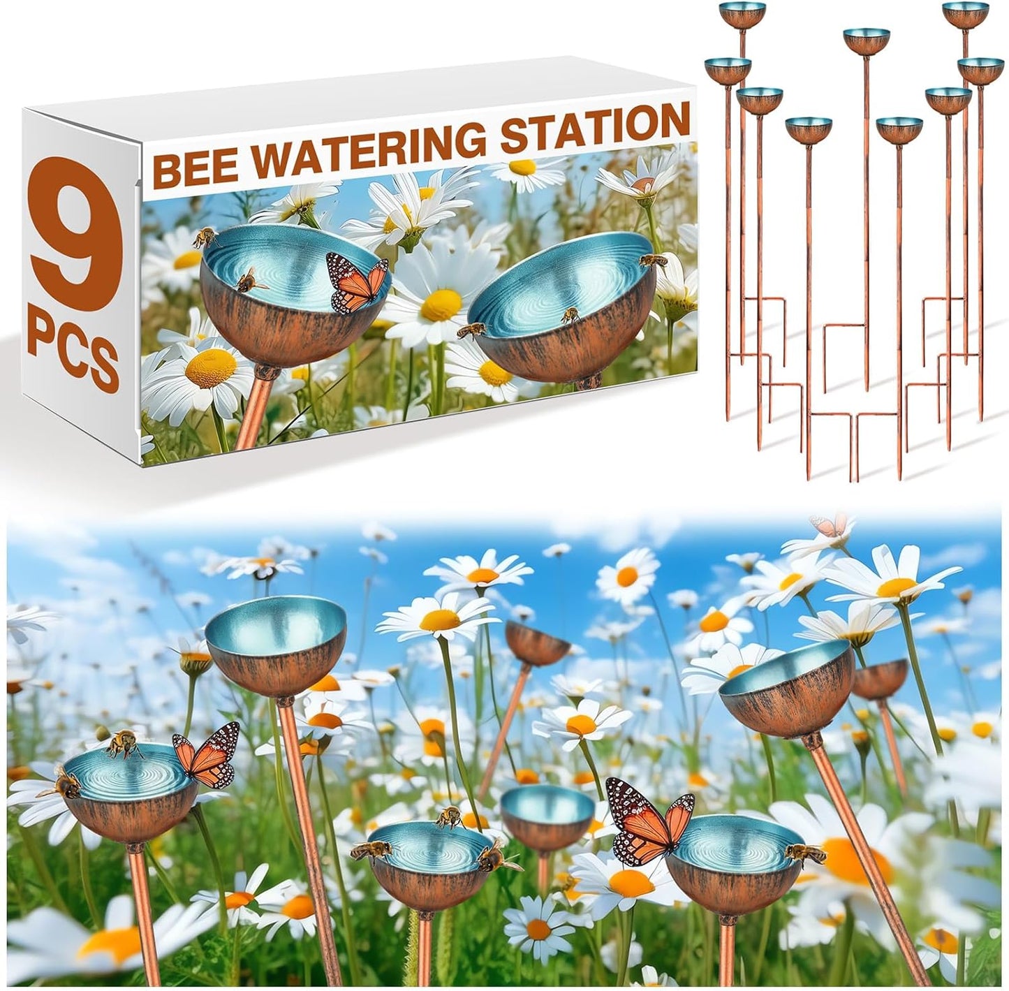 9 Pcs Bee Watering Station for Garden Bee Metal Watering Cups Butterfly Water Feeder Small Insects Bath Bowl Cups Metal Stakes for Outdoor Garden Decor, Blue
