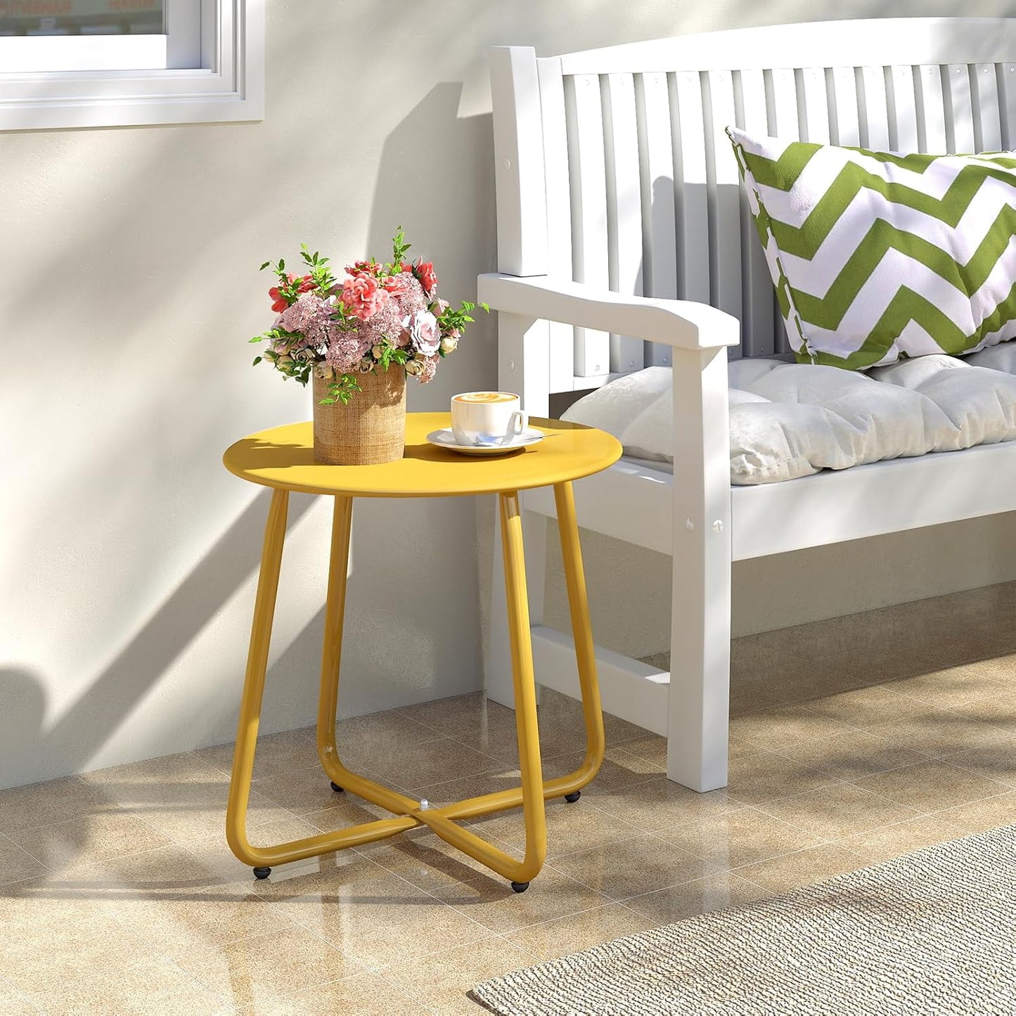 HollyHOME Round Metal Side Table, Rust-Resistant Patio Small Plant Stand, Outdoor 17.32'' Portable End Table for Balconies, Gardens, Living Rooms and Bedrooms, Yellow