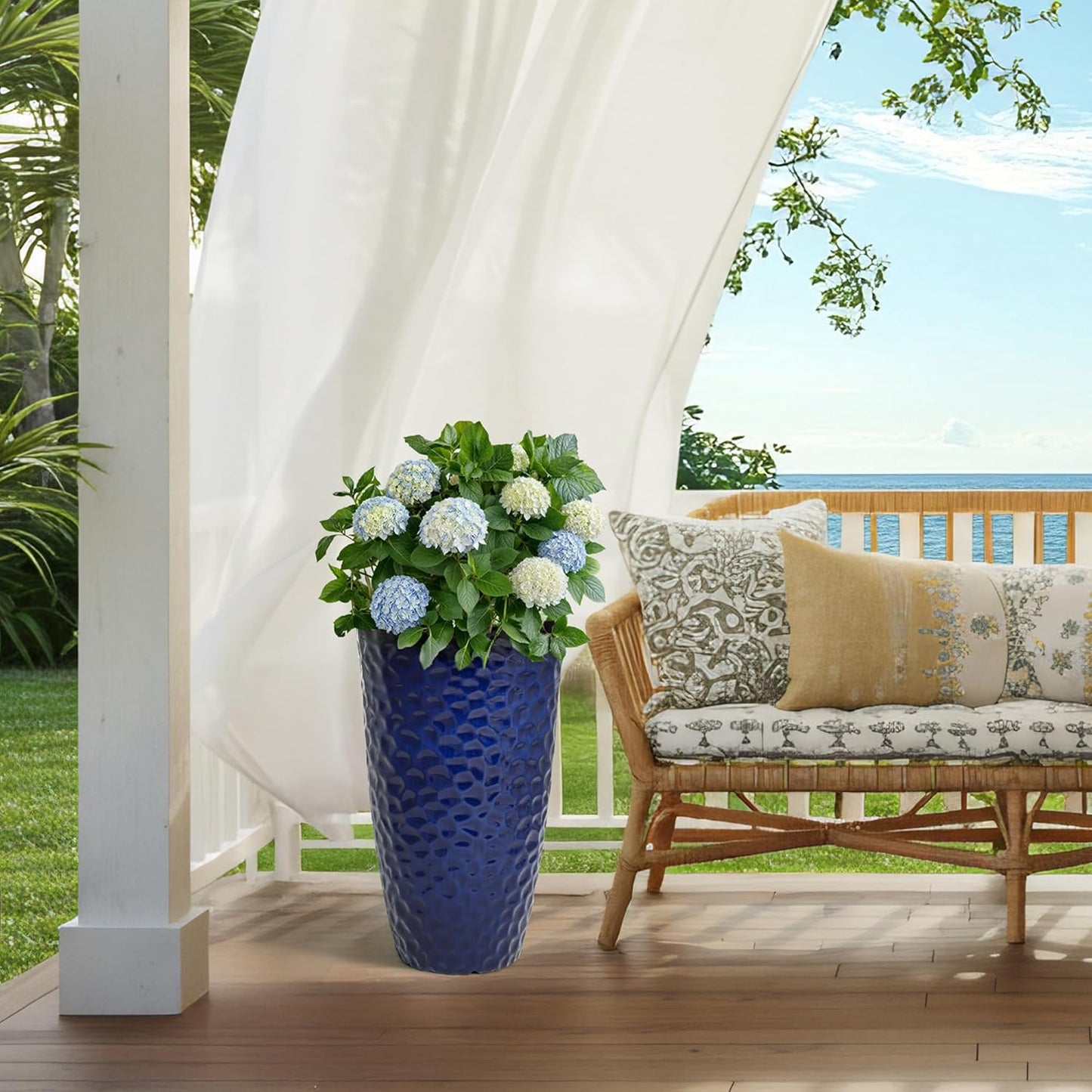 23.75" H Large Tall Outdoor Planters, Set of 2 Plastic Large Flower Pots for Outdoor Plants, Gradient Cobalt Blue Honeycomb Textured, Weather-Resistant for Porch, Garden, Patio or Indoor Use