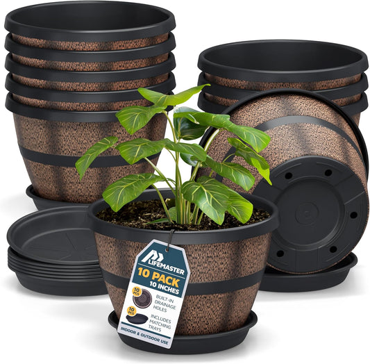 10-Inch Whiskey Barrel Planters Outdoor Pack of 10 - Durable Plastic Plant Pots for Indoor & Outdoor Use with Drainage & Saucer, Lightweight Rustic Barrel Planters for Flowers, Herbs & Small Plants