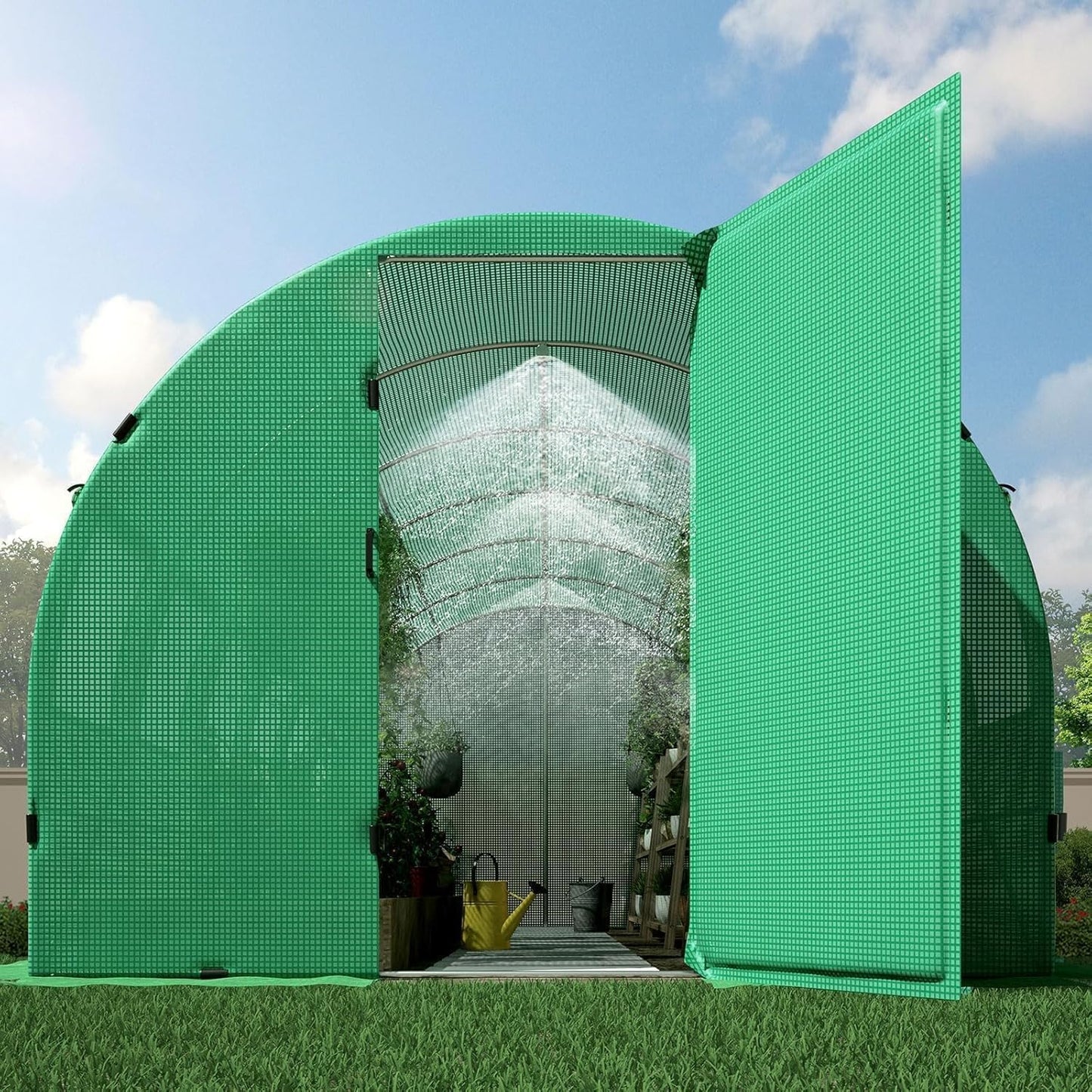 HOWE 26x10x7FT Heavy Duty Tunnel Greenhouse Kit with Watering System, Upgraded Swing Door Outdoors Greenhouse with Galvanized Steel Frame Film Clips & Ground Pegs, Green