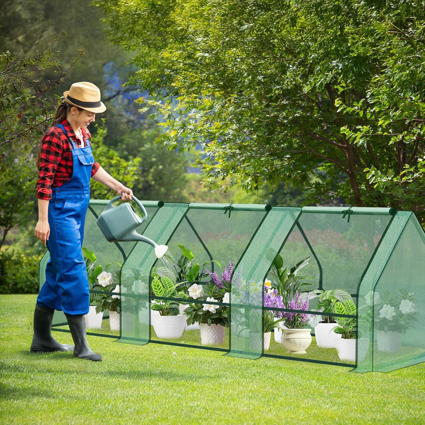 Aoodor 9 x 3 x 3 ft Mini Greenhouse with 3 Zipper Doors, Water-Resistant, UV-Protected for Flowers, Vegetables, and Herbs, Green