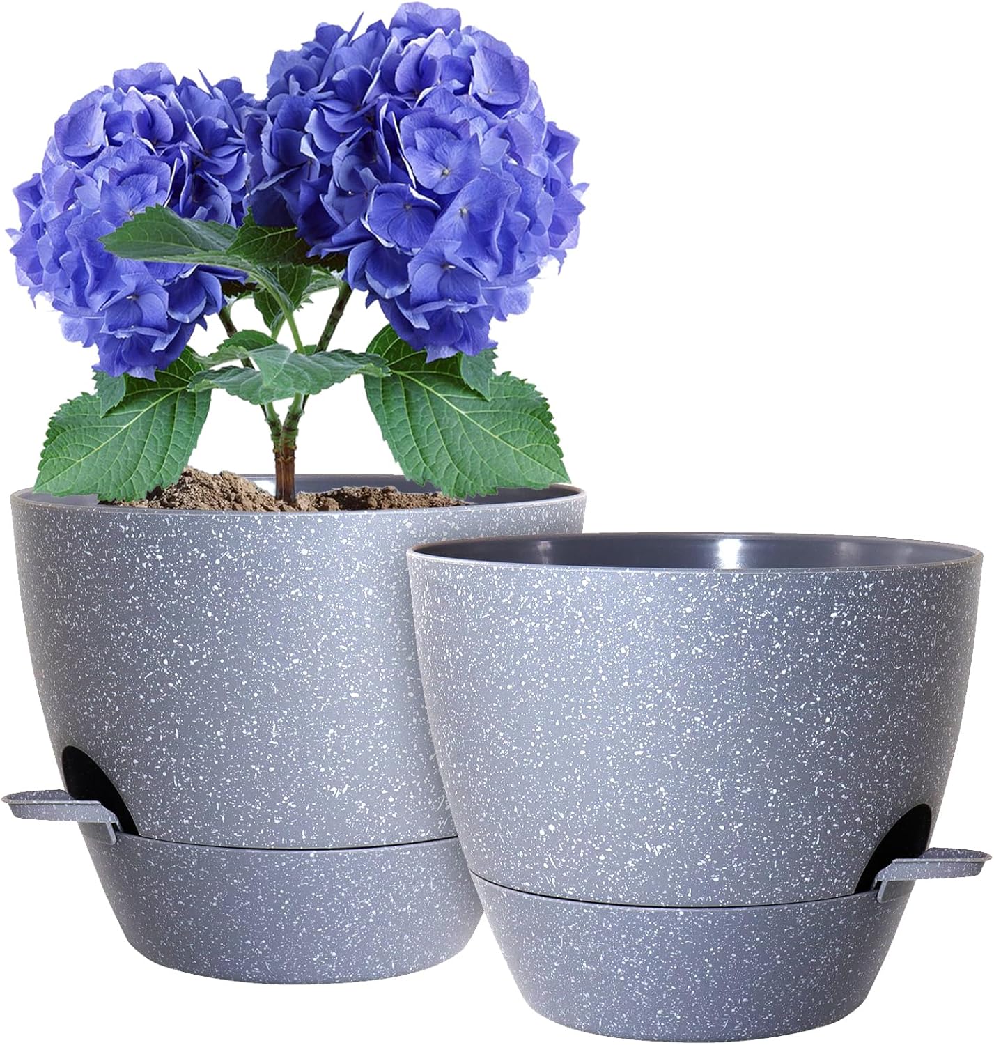 10 inch Self Watering Pots, Planter, Plant Pots with Mesh Drainage Holes for Indoor Outdoor House Plants and Garden, Set of 2 Plastic Flower Pots with Deep Reservoir, Speckled Grey