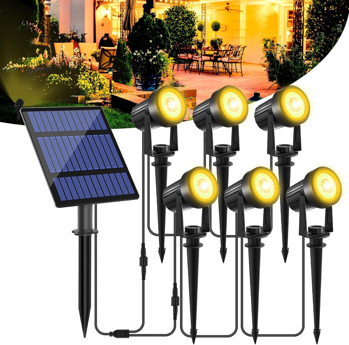 T-SUNUS Halloween Solar Spot Lights 6-in-1 Outdoor Warm White 3000K Landscape Spotlight IP65 Waterproof Separated Panel Spotlights with 9.8ft Cable Auto On/Off for Christmas Tree Lawn Driveway Pathway