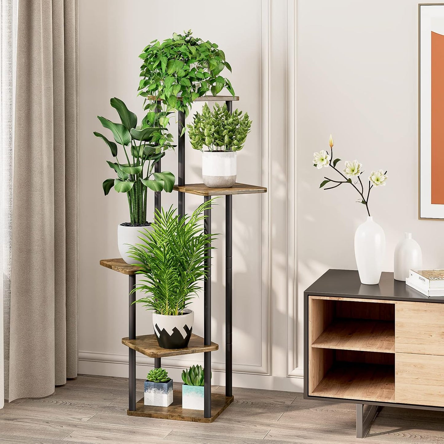 5 Tier Wood Tall Plant Stand Metal Rack Indoor, Multiple Flower Pot Holder Shelves Corner Rack, Planter Shelf Display Rack Storage Organizer for Patio Living Room Balcony Garden(Black)