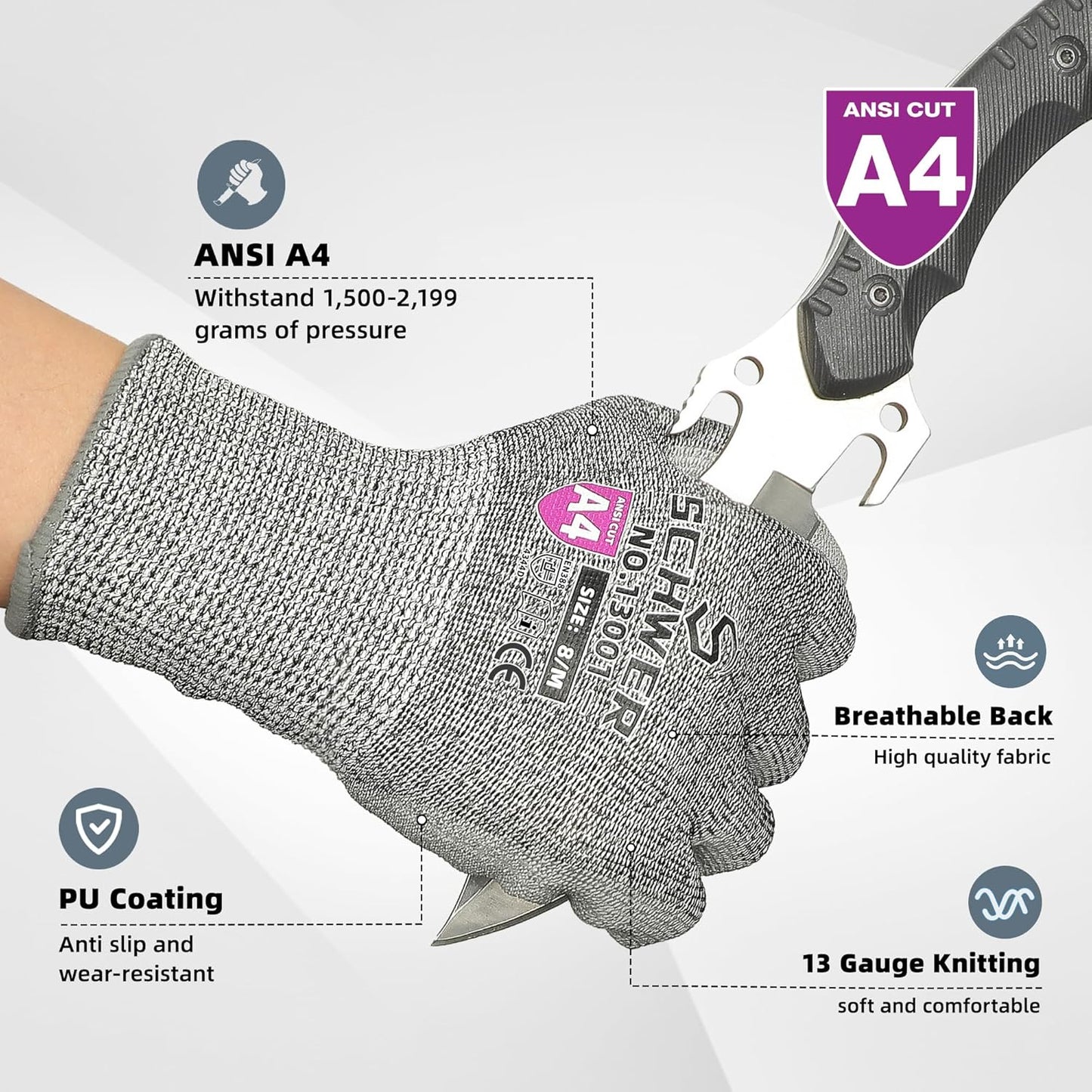 Schwer 12 Pairs ANSI A4 Cut Resistant Work Gloves, Cut Proof Gloves with PU Coating, Used for Metal Fabrication, WoodWorking, Construction, Non Slip, Durable, XS, CR13001
