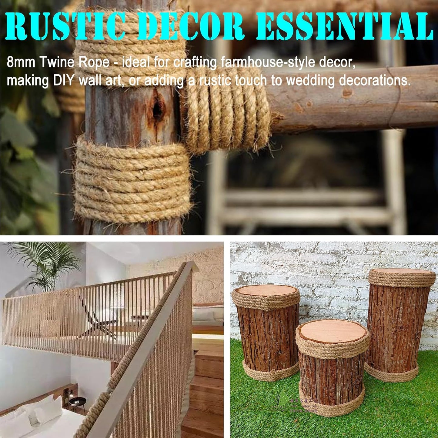 8mm Jute Twine Rope - 164ft Heavy Duty Natural Jute String for Gardening, Crafts, Packaging, DIY Projects & More - Strong, Durable & Biodegradable - Perfect for Plant Tying, Home Decor & Outdoor Use