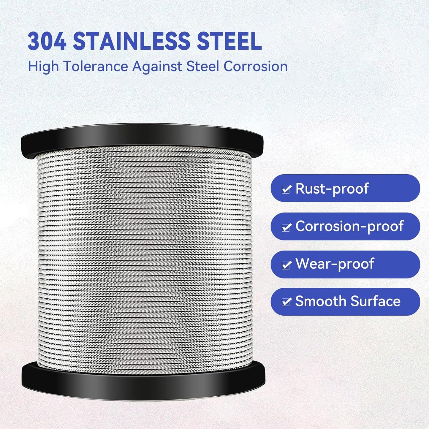 1/4" Stainless Steel Cable,7x19 Strand Aircraft Wire Rope,Cable for Heavy Duty Applications,Zip Iine and Outdoor Pulley Cables,Deck Railing, with Gloves,Breaking Strength 6400 Ibs,600FT