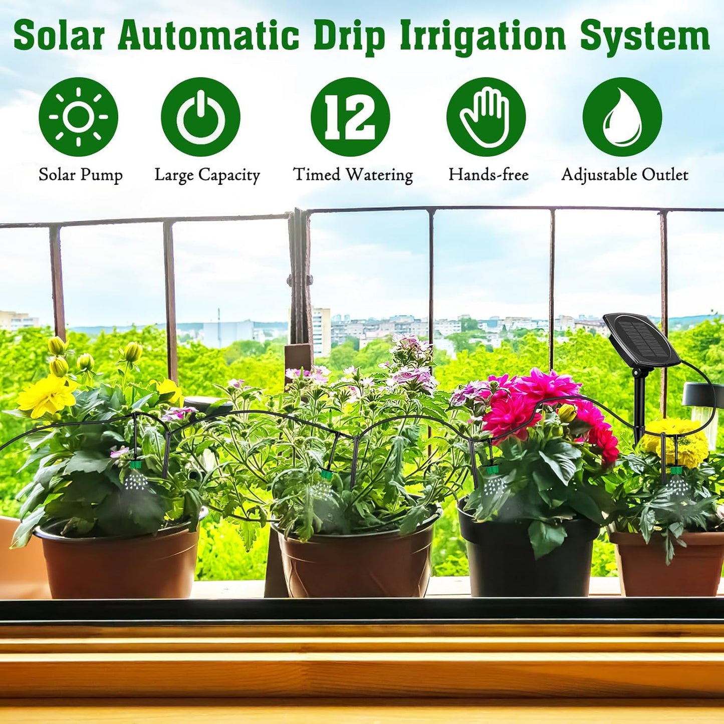 Solar Drip Irrigation System for Garden, Automatic Drip Irrigation Kits,Plants Self Watering Devices for Vacation,Solar Powered Water Pump for Potted Plants,Raised Beds,Greenhouse (15 Pots)