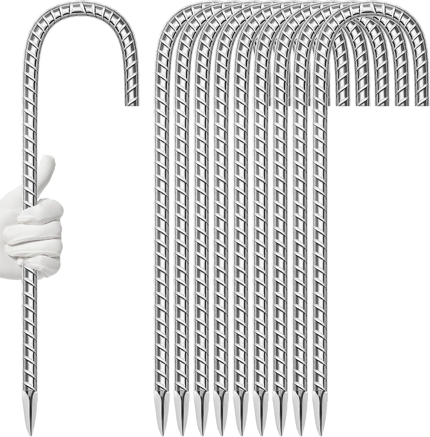 10 Pack Ground Garden Rebar Stakes Rebar 16 Inch Anti-Rust Galvanized Steel J Shape Hook Heavy Duty Ground Anchors for Tents, Position Kits,Fences, and Trampolines Landscape Fabric