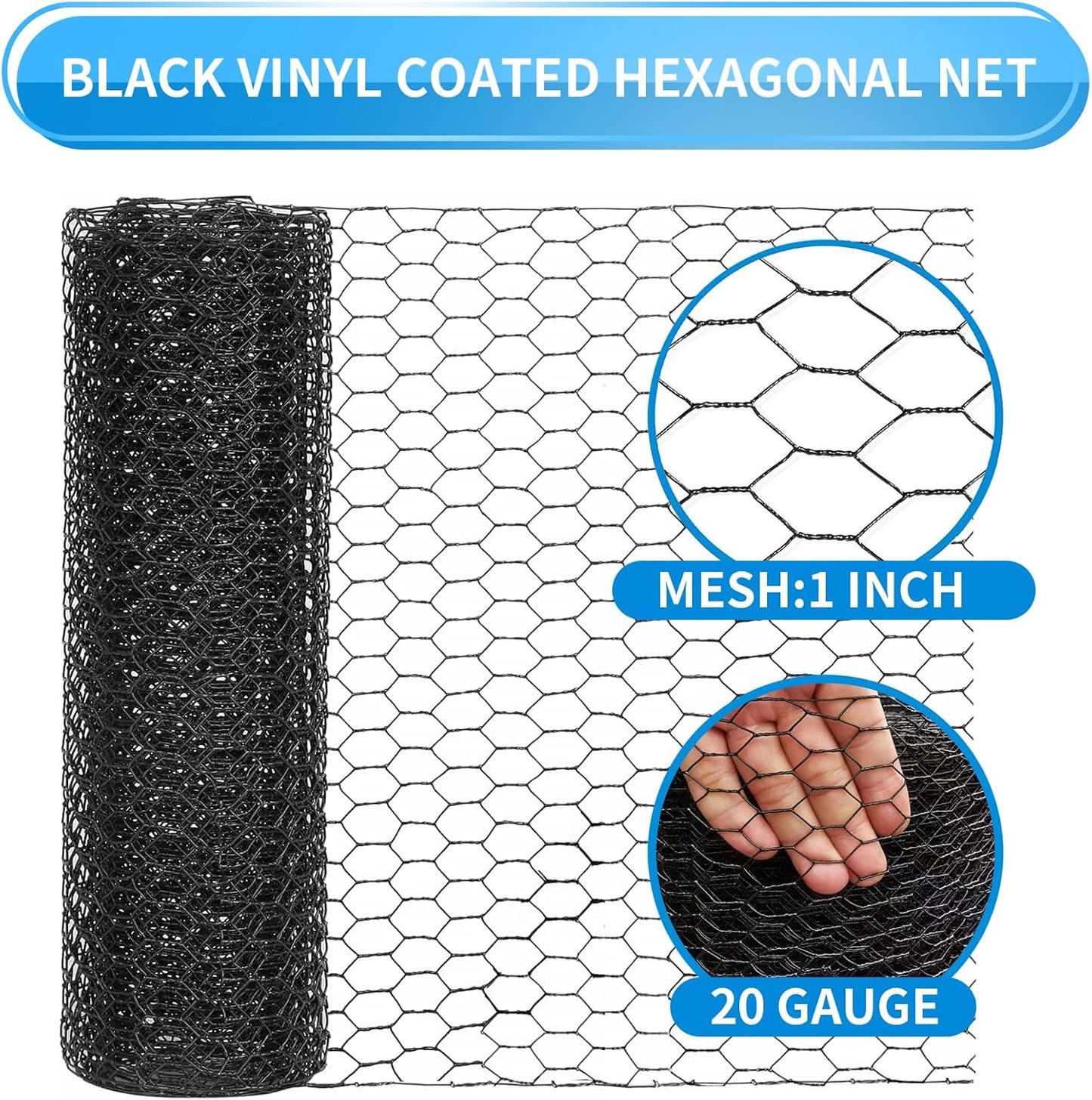 60'' x 150' Black Chicken Wire Mesh Fence, 20 Gauge Galvanized Poultry Netting and 1 inch Garden Mesh Fence Roll, Chicken Wire for Floral Arrangements/Crafts/Farm/Livestock/Pet Protection