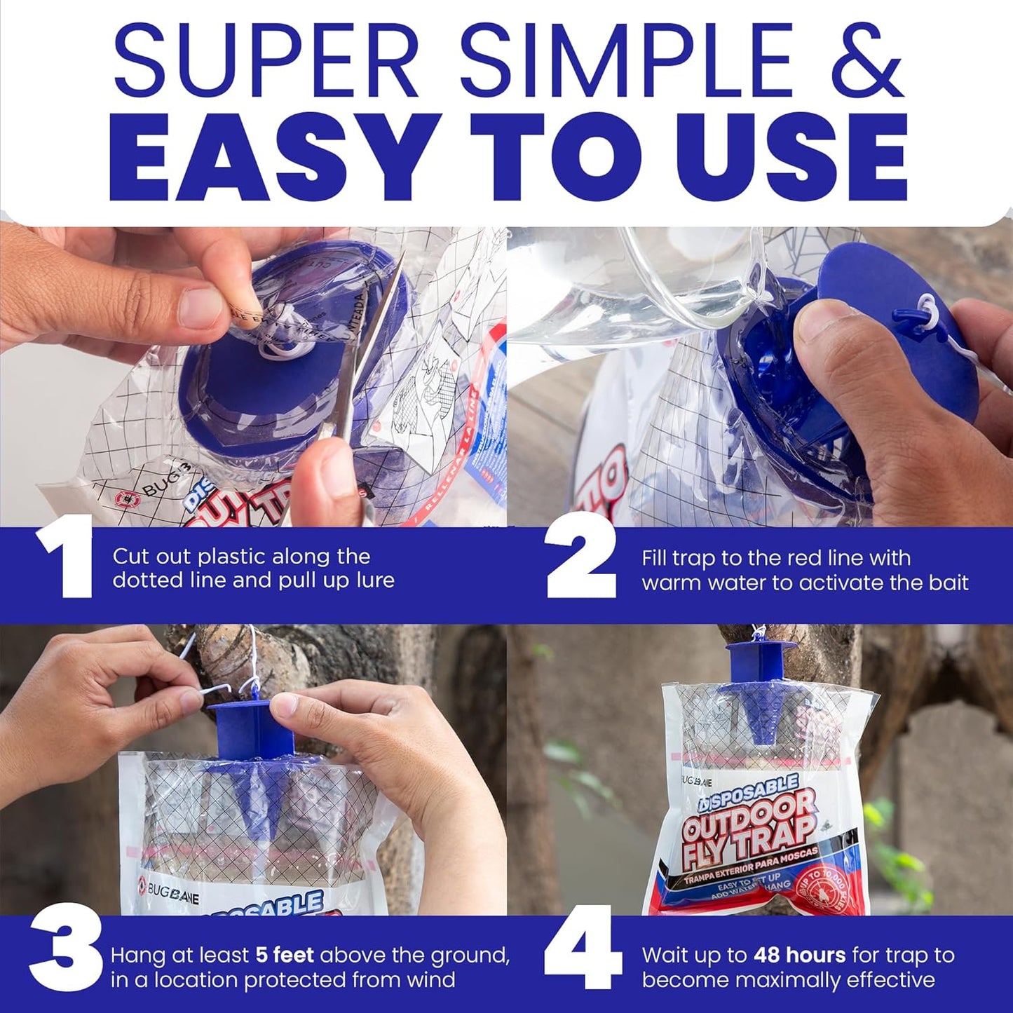 Fly Traps Outdoor Fly Trap for Patio. 4 Non-Toxic Pre-Baited Flies Bags Outdoor Disposable. Hanging Bug Catchers for All Filth Flies Killer for Outside Bug Control in Yard Horse Ranch Trash Can