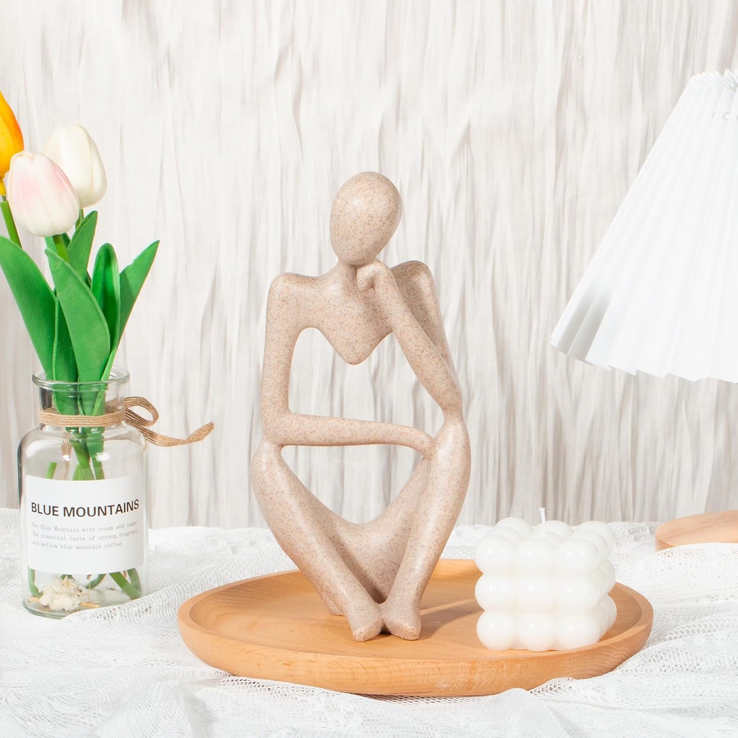 INNOLITES Boho Decor Thinker Statue Abstract Art Sculpture, Sandstone Resin Collectible Figurines for Home Living Room Office Shelf Decoration (Sandstone,Right)