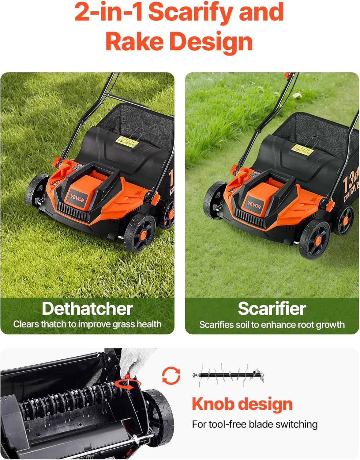 VEVOR 2-in-1 Electric Dethatcher and Scarifier, 13-Inch 13 Amp, Corded Lawn Dethatcher with 13-Gallon Thatch Collection Bag, 5-Position Depth Adjustment, Walk Behind Machine for Garden Yard Grass