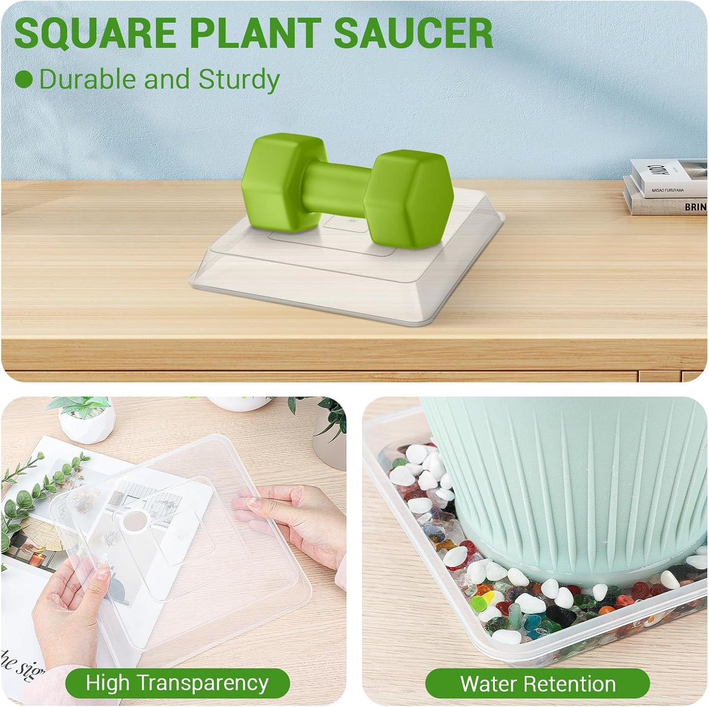 GREANER Square Plant Saucer, 8 Inch Plant Trays for Indoors No Holes, Clear Water Trays for Pots, Durable Flower Pot Saucers for Indoors and Outdoors(6 Packs)