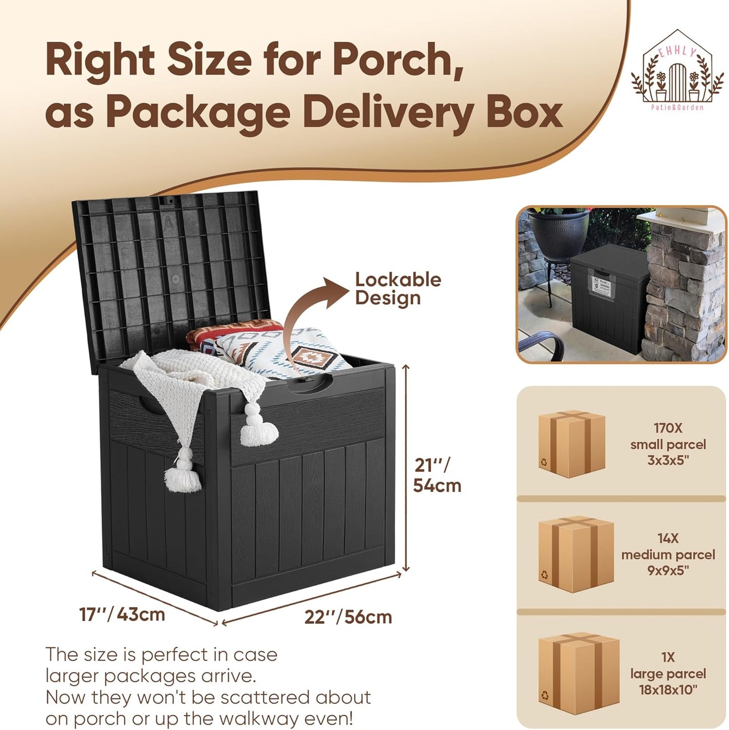 31 Gallon Deck Box, Small Outdoor Storage Box Waterproof, Lockable Secure Package Bin Delivery Box for Outside Front Porch, Patio Cushions Storage Box, Delivery Driver Snack Box for Porch, Black