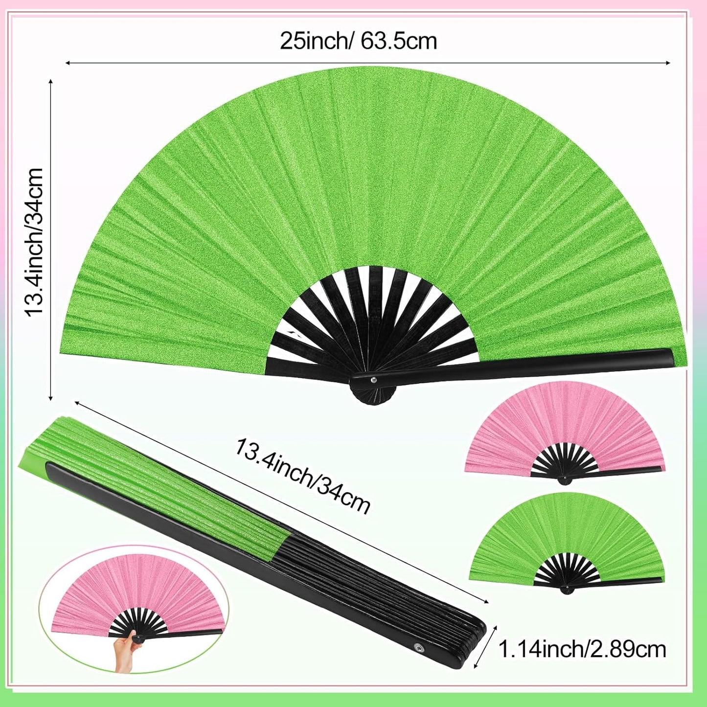 Maitys 2 Packs Large Clap Fans for Line Dancing Large Chinese Folding Hand Fans for Men and Women, Festival, Tai Ji, Kungfu, Martial Art, Gifts (Glitter Green and Pink)