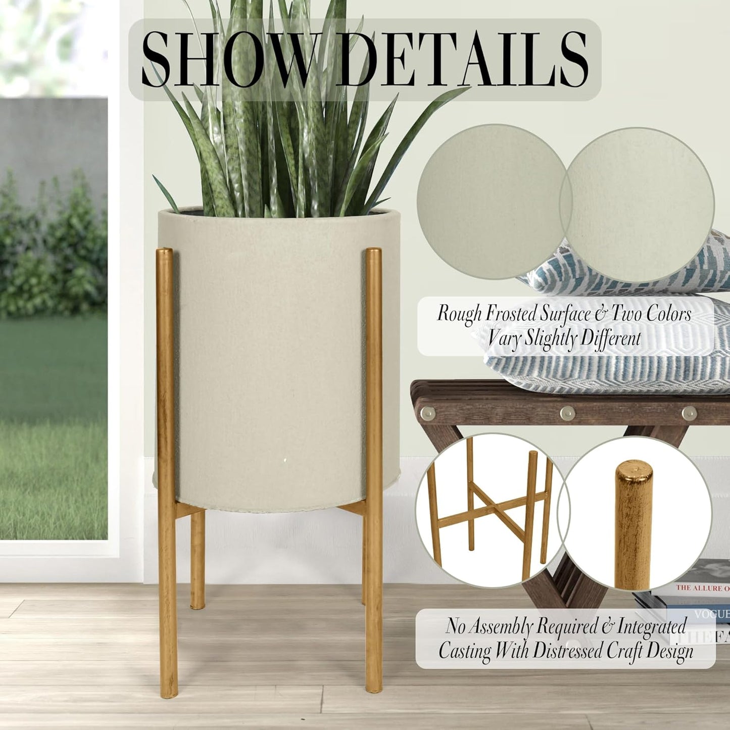 Oakrain Plants Pots with Stand, Set of 2 Planters for Indoor Plants, Modern Decorative Metal Flower Pots for Living Room, Garden, Balcony, 10"&12", Cement Gray Frosted