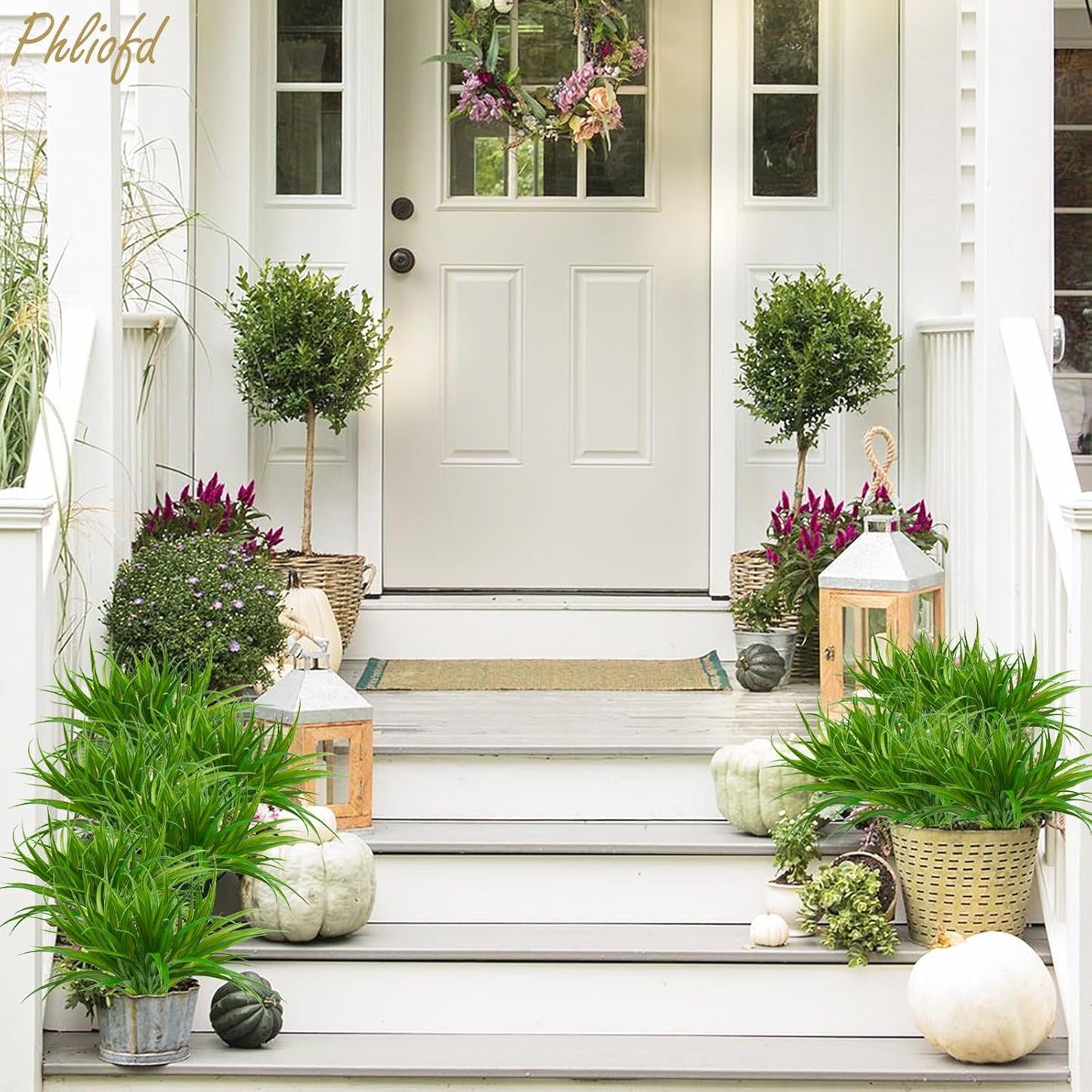 6Pcs Artificial Grass Fake Plants 17.3in 16 Leaves Outdoor Fake Grass UV Resistant Greenery Plastic Plants for Home Window Garden Office Patio Hanging Planter Pathway Front Porch Décor