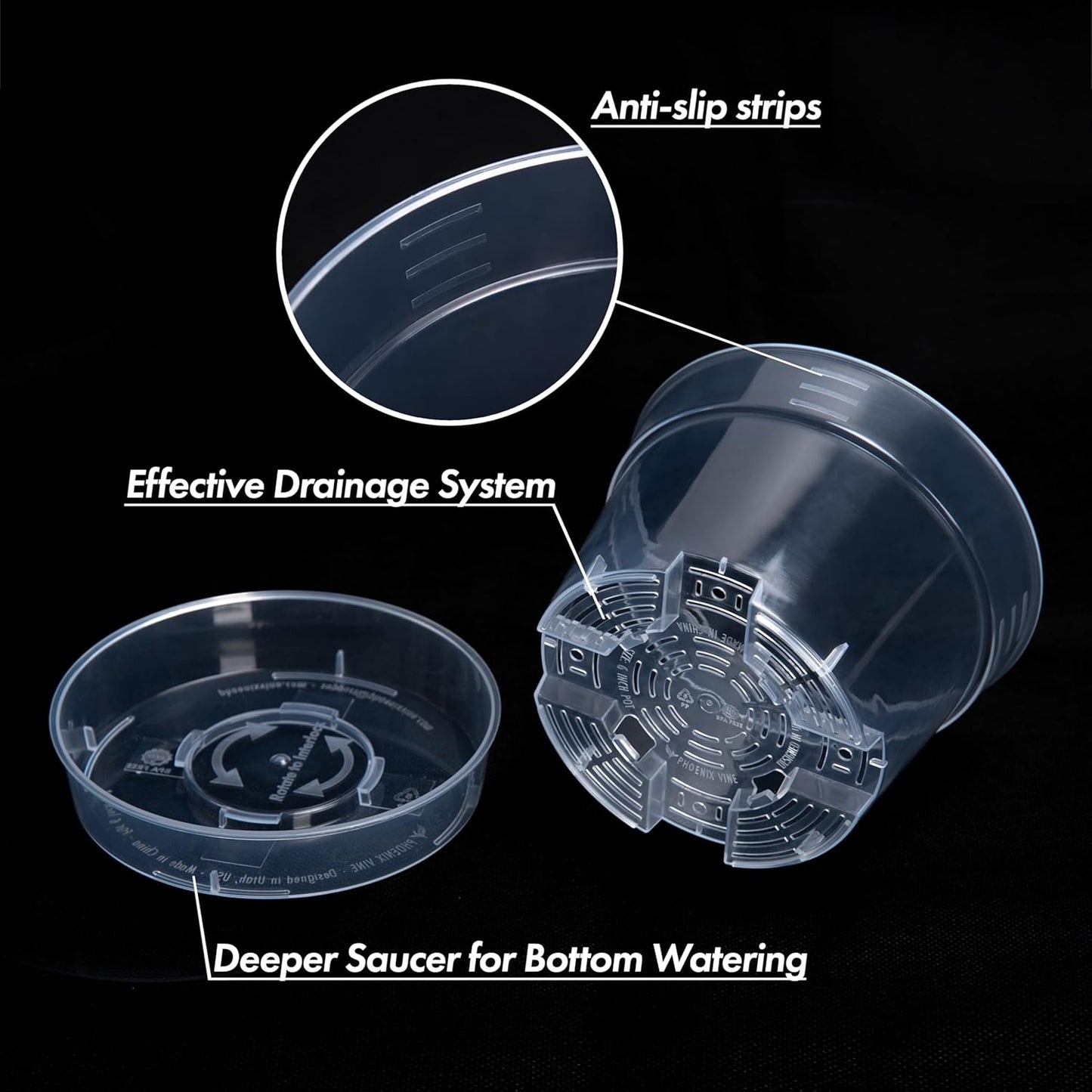 6 Inch Clear Plastic Plant Pot with Drainage Holes, Interlocking & Detachable Tray - Deep Saucer - Durable BPA-Free Plastic, Transparent Design, Raised Base for Airflow, Set of 12, 92-X-B-4