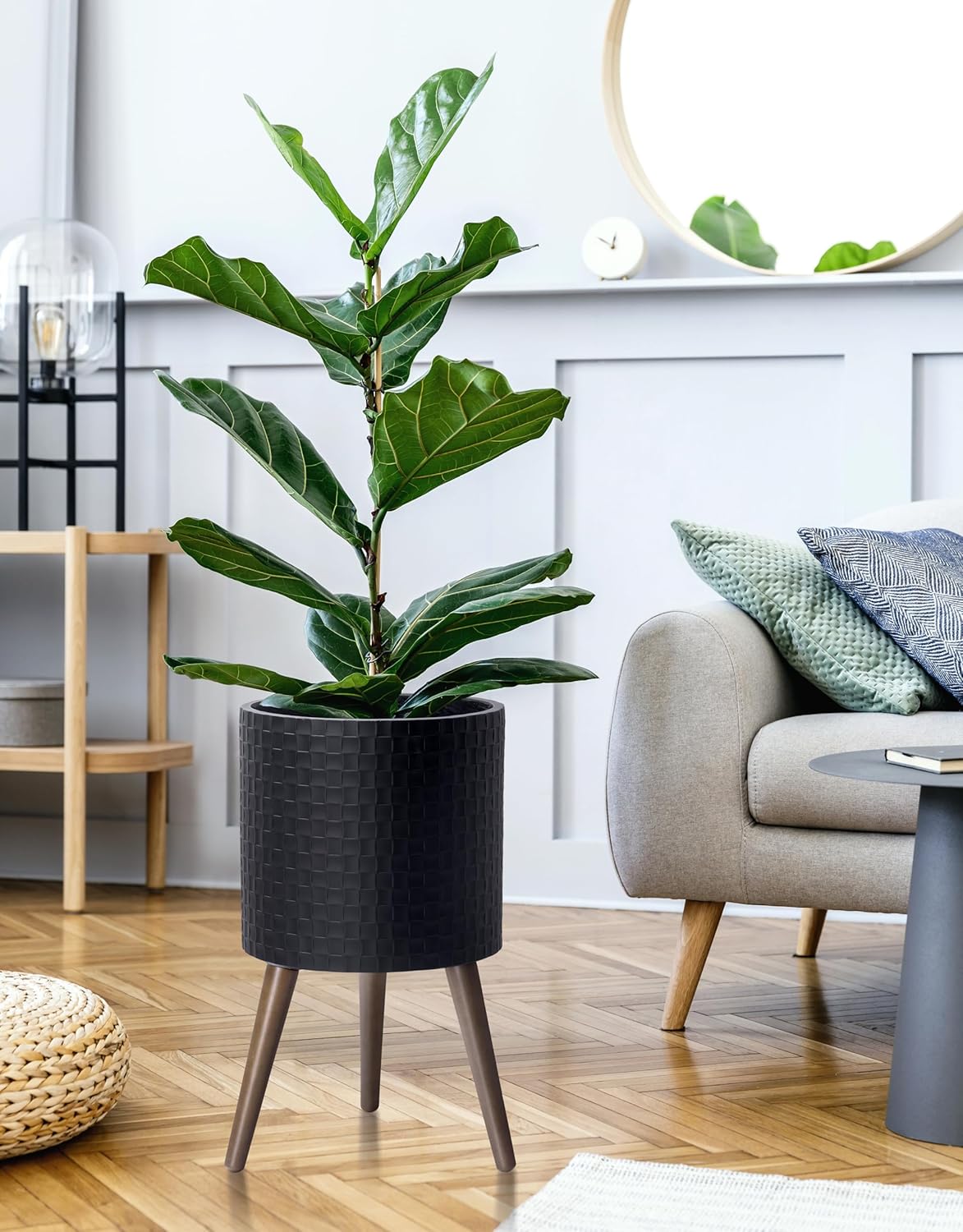 D'vine Dev 12 Inch Modern Geometric Tile Patterned Sleek Planter Pot with Stand, Indoor Outdoor Decorative Plant Holder, Matte Black, 88-Z-C-2