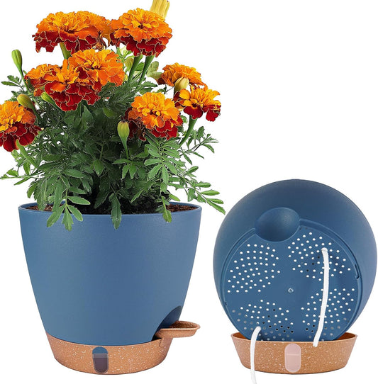 2 Pack 8 inch Plant Pots, Plastic Self Watering Planters with Drainage Holes, Deep Reservoir, Water Level Indicator, Modern Decorative Flower Pots for Indoor Outdoor Plants (Navy Blue, 8 inch)