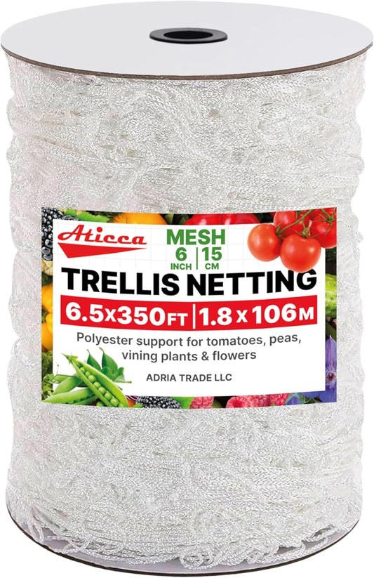 Trellis Netting 6.5 x 350 ft Heavy Duty Polyester Plant Support Netting White - 6 Inch Garden Rope Trellis on Roll - Mesh Twine for Growing Vine Climbing Plants, Flowers, Peas, and Tomatoes.