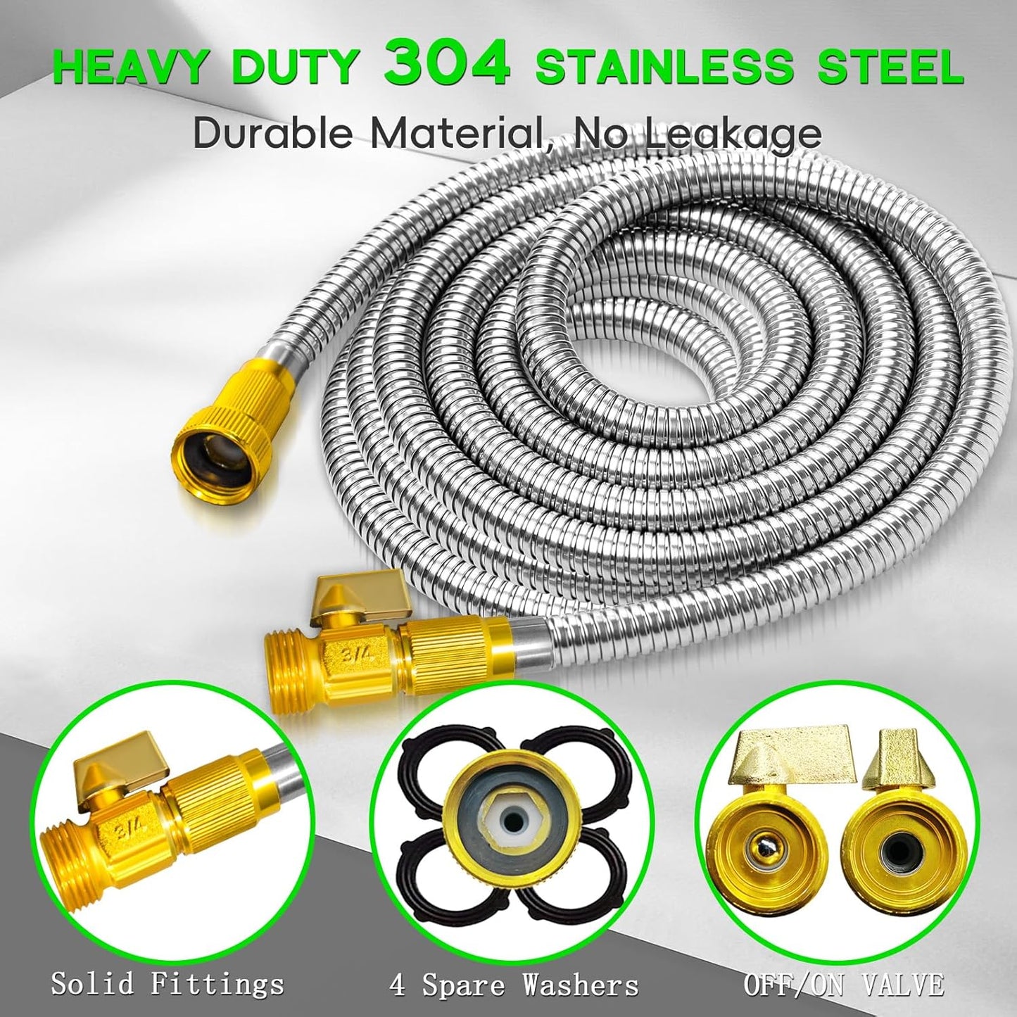 50FT Garden Hose Stainless Steel, Heavy Duty Flexible Metal Water Hose with 10-Function Nozzle, Lightweight & No-Kink Garden Hose, Durable Solid Fittings for Lawn, Car, RV, Outdoor Watering