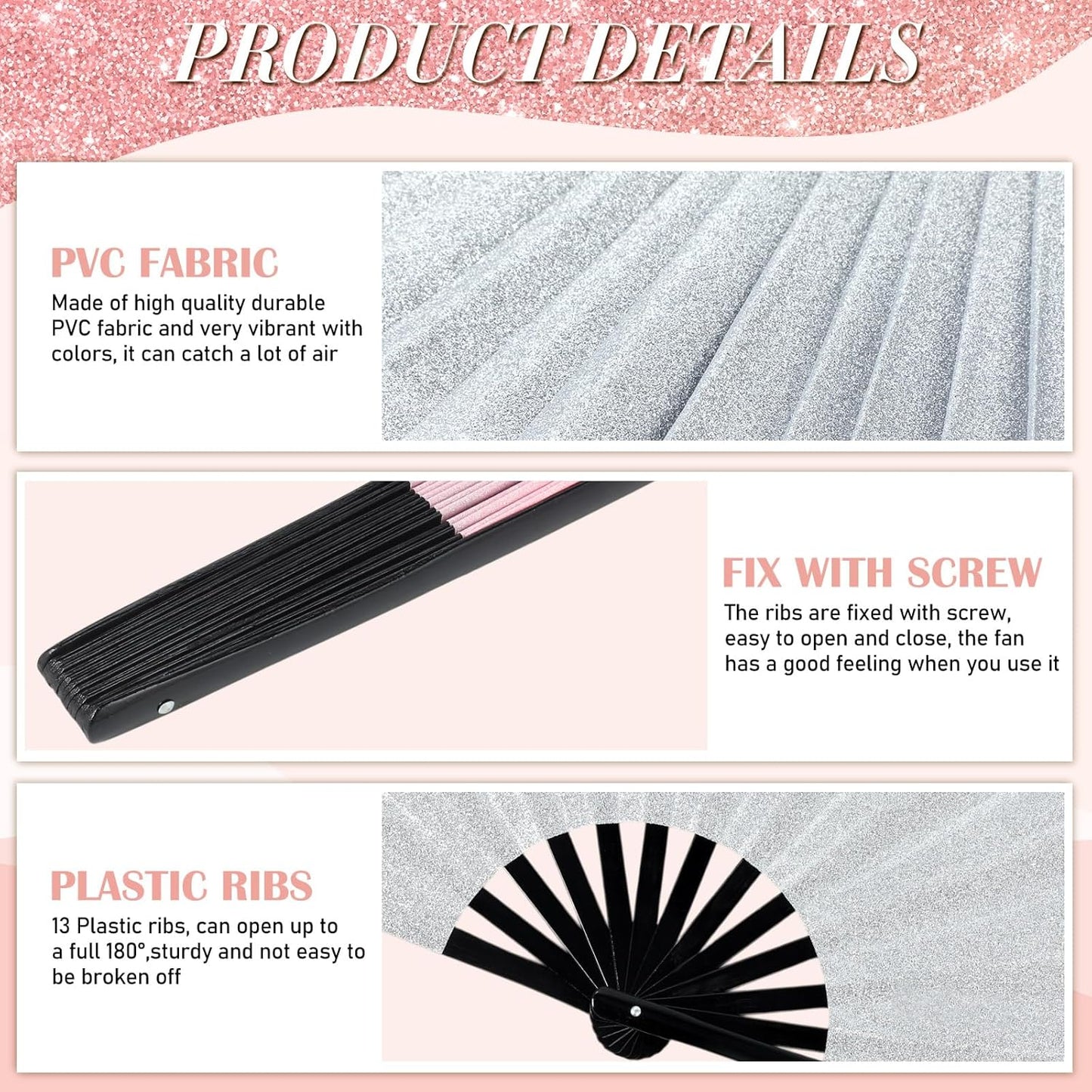 Maitys 2 Packs Large Clap Fans for Line Dancing Large Chinese Folding Hand Fans for Men and Women, Festival, Tai Ji, Kungfu, Martial Art, Gifts (Glitter Silver and Pink)