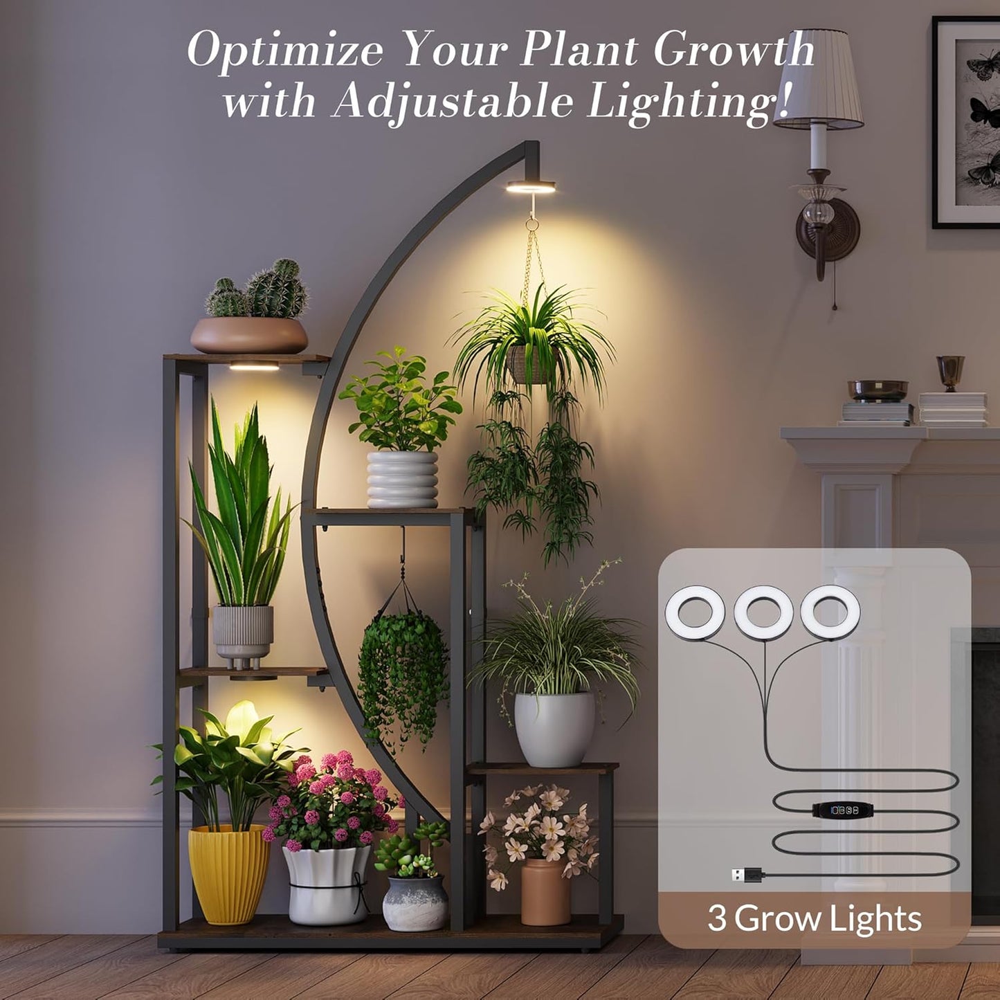 61” Tall Metal Plant Stand with Grow Lights, Tiered Indoor Shelf for Multiple Plants, Large Corner Display Rack with Adjustable Lamps, Hanging Hooks & Wooden Shelves for Living Room, Patio Balcony