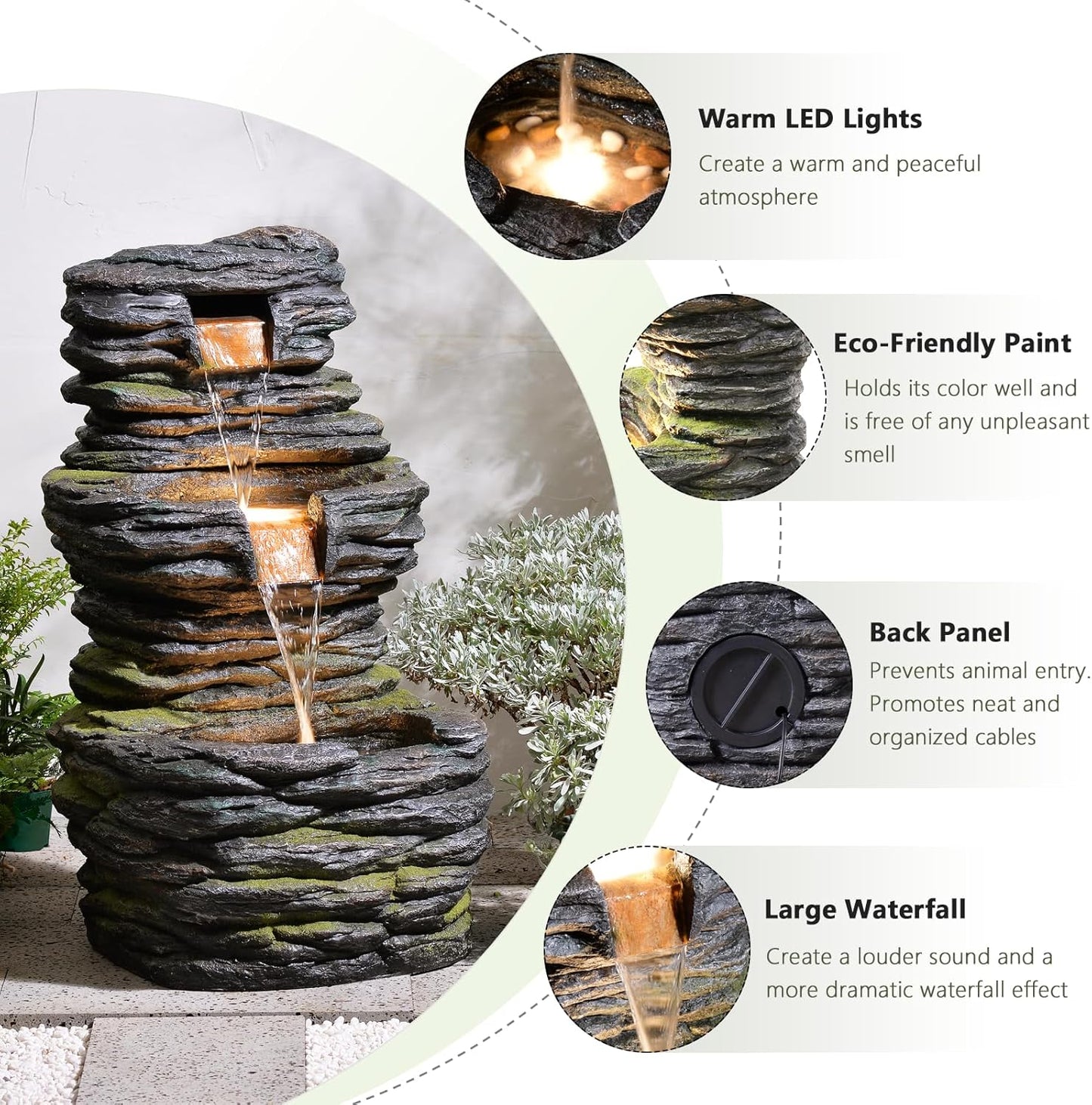 28.8” Tall Rock Water Fountain Outdoor Garden, 3-Tiers Cascading Rock Natural Waterfall Fountains with LED Lights, Indoor Resin Water Feature Fountain for Patio, Garden and Backyard, Deck, Porch, Home