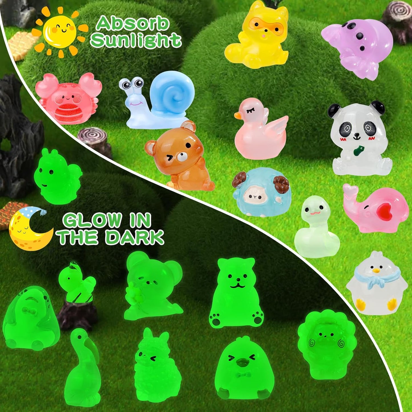 80 Pcs Luminous Mini Resin Animals 80 Styles Tiny Little Glow in The Dark Animal Figures to Hide Miniature Ducks Figurines for Party Favors DIY Fairy Garden Dollhouse Micro Landscape Aquarium Decor