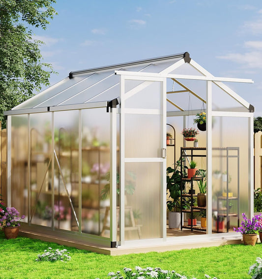 6x8 FT Greenhouse, Large Aluminum Greenhouses for Outdoors, Heavy Duty Polycarbonate Greenhouse with Roof Vent, Walk-in Green Houses for Winter Garden, Backyard, Patio, Lawn, Easy Assembly