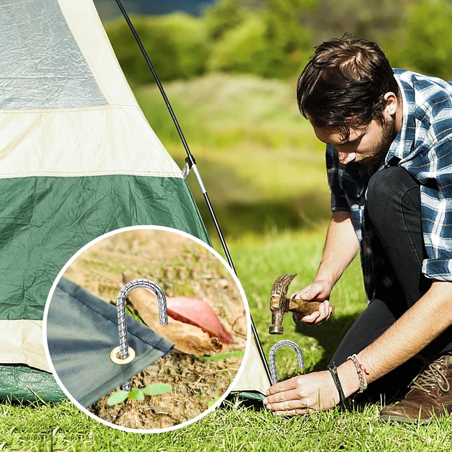 Ground Stakes 12 Inch, Yard Camping Stakes J Shaped 20 Pack Rebar Heavy Duty for Garden Dog Fence Inflatable Camping Chicken Coop Accessories