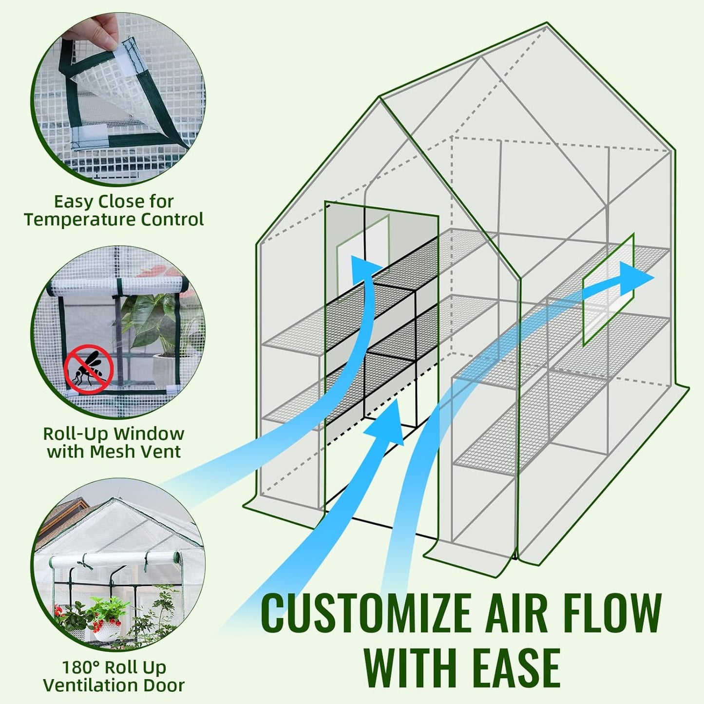 Greengro Greenhouse, 57 x 57 x 76'' Greenhouses for Outdoors, Portable Greenhouse Kit with Mesh Side Windows, PE Cover, 8 Shelves, Heavy Duty Walk in Green House for Backyard Garden Indoor Outside