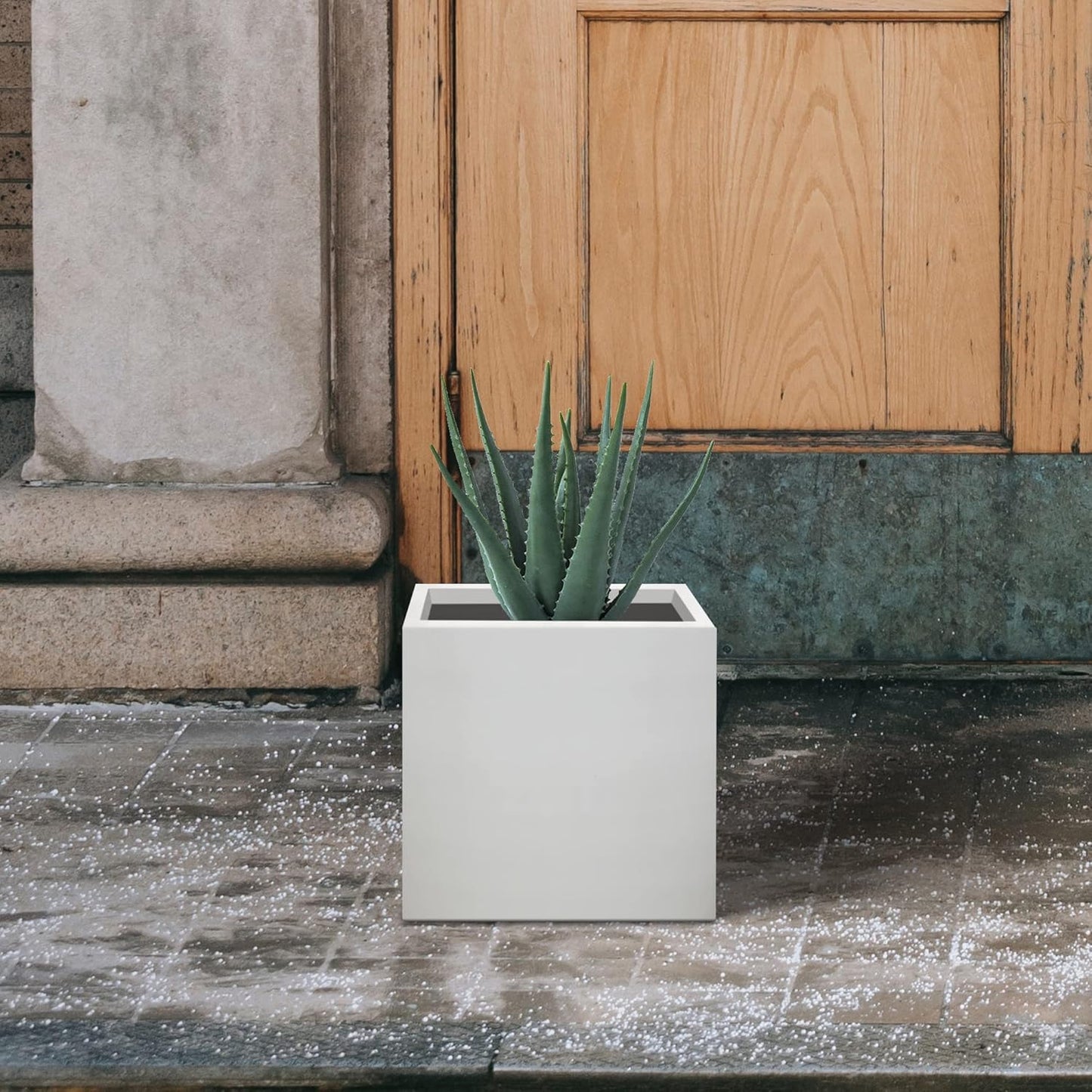 Kante 12 Inch Square Concrete Planter for Outdoor Indoor Home Patio Garden, Large Plant Pot with Drainage Hole and Rubber Plug, Pure White