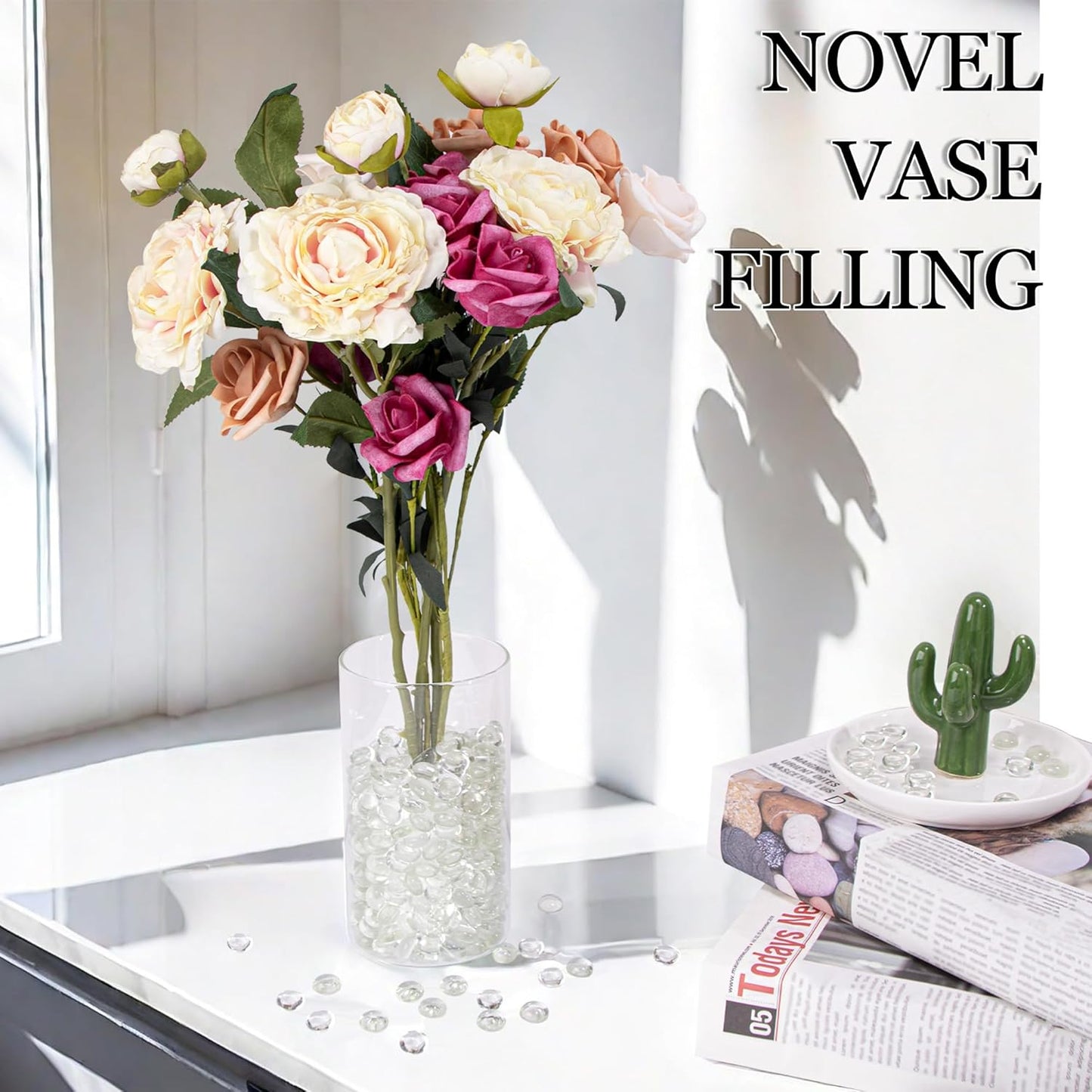 50PCS Mini Glass Gems,Clear Mancala Stones Flat Bottom Marble Beads for Home Decorative Art Craft Vase Filler(0.5"~0.7")