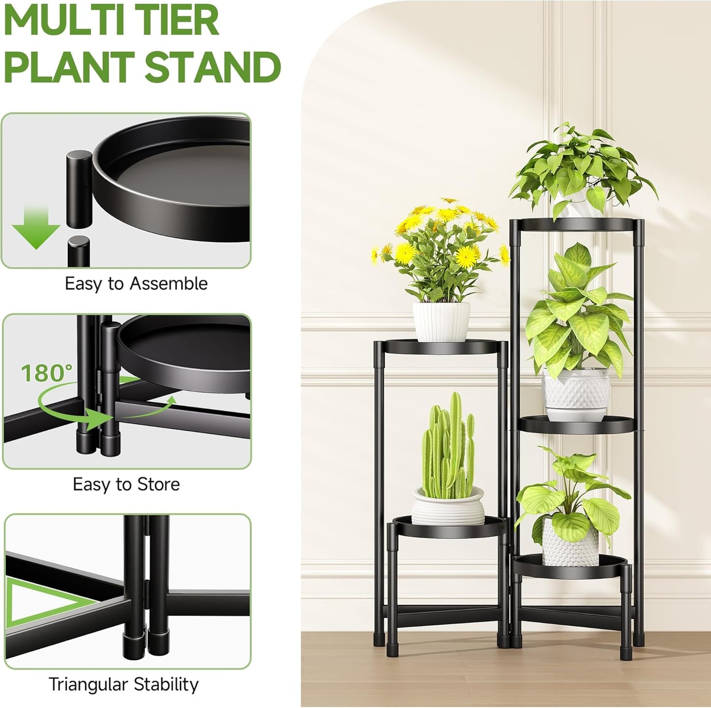 5 Tier Metal Plant Stand Indoor, Foldable Corner Plant Stands Outdoor, Rotatable Tiered Plant Stand, 31 Inch Tall Plant Shelf for Patio Living Room Balcony Garden Home - Black