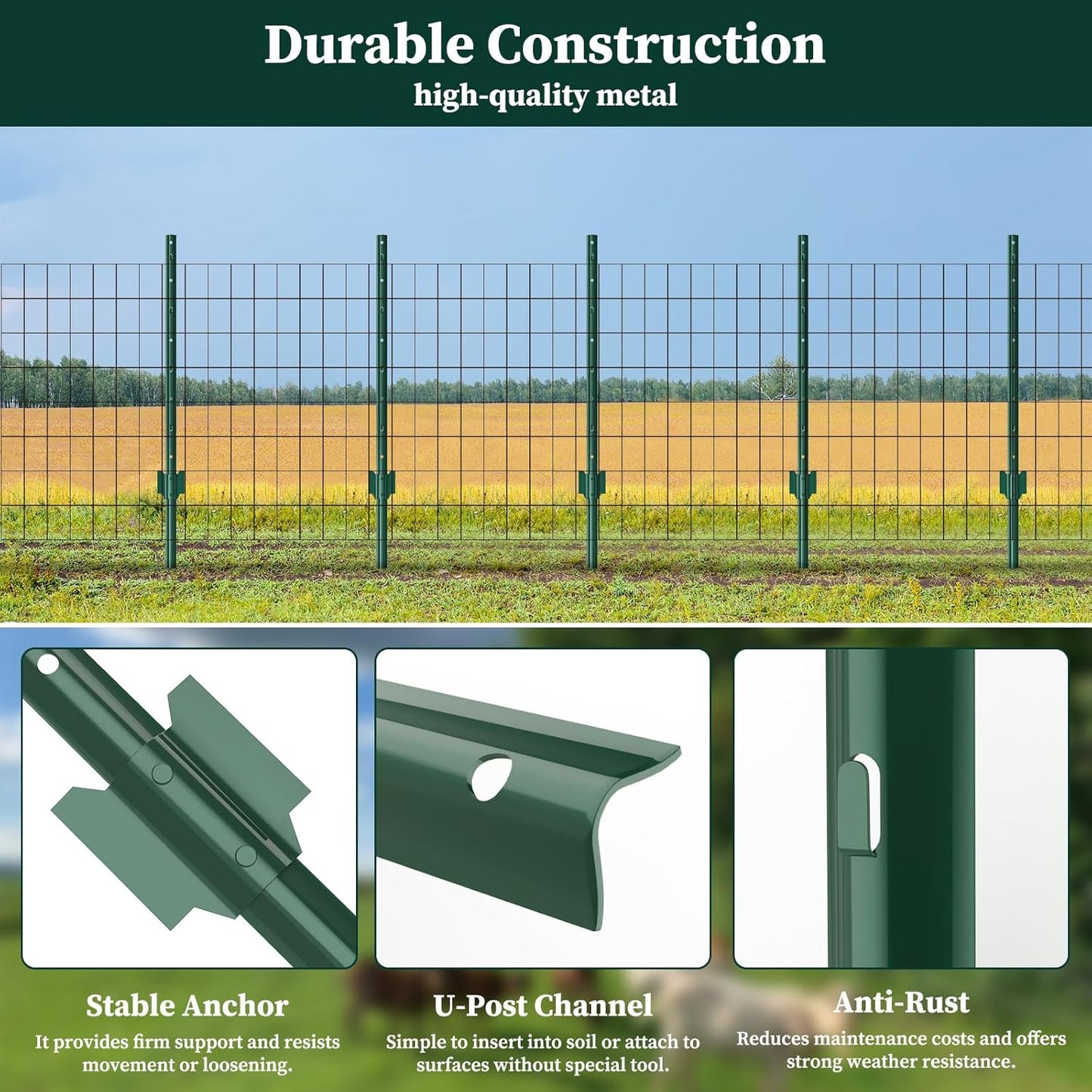 10 Pack Garden Fence Post, 4 Feet Heavy Duty Metal U-Post for Wire Fence, No Dig Garden Fence Stakes for Temporary Fencing, Electric Fence Wire, Corner Anchor, and More-Green