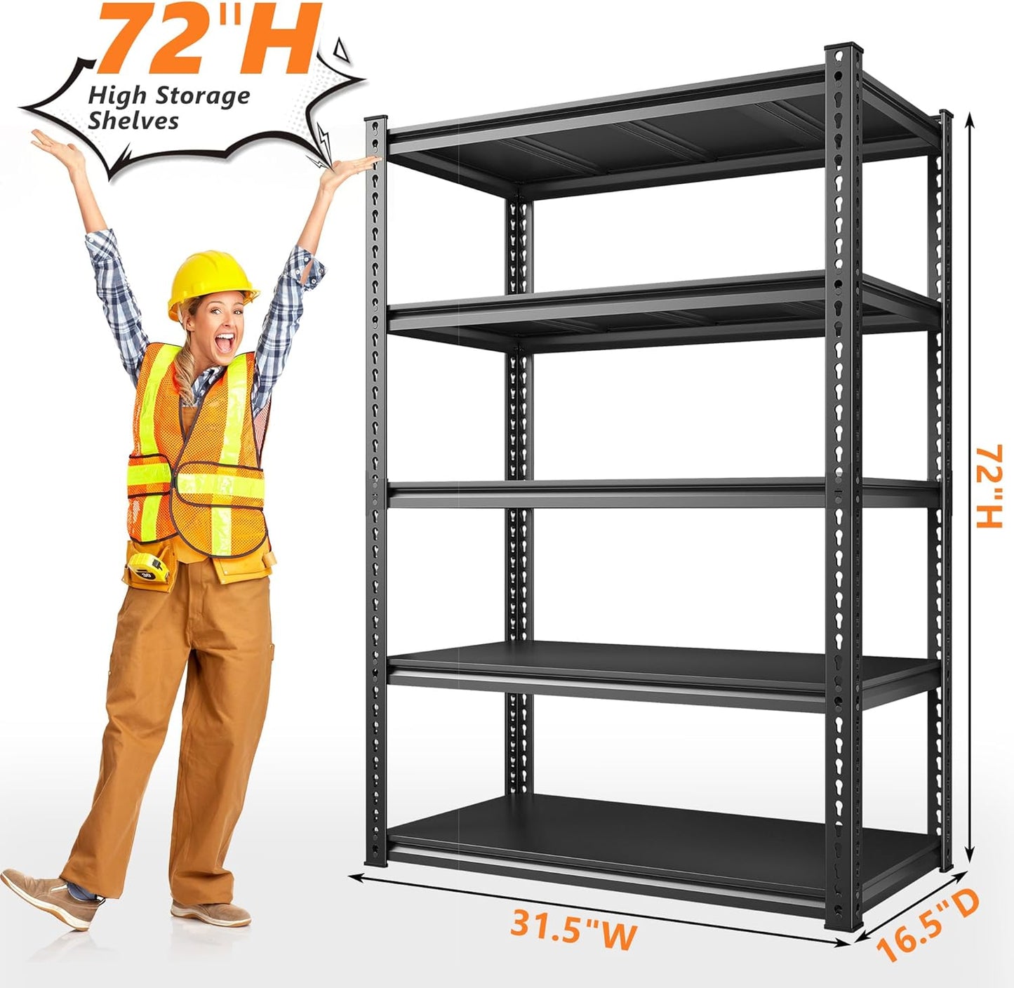 REIBII 72'' Storage Shelves 2050LBS Garage Shelving Heavy Duty 5-Tier Metal Shelving Adjustable Garage Shelves for Storage,Basement, Warehouse,72" H*31.5" W*16.5" D, 2PC
