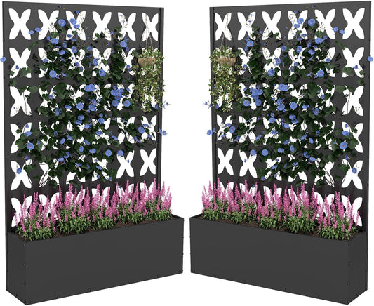 2PCS Metal Planter Box with Trellis,70.9"x47.2"x15.7" Raised Garden Bed with Drainage Holes, Privacy Planters for Outdoor Garden Bed for Climbing Plants,Vegetables,and Vines, Black-X