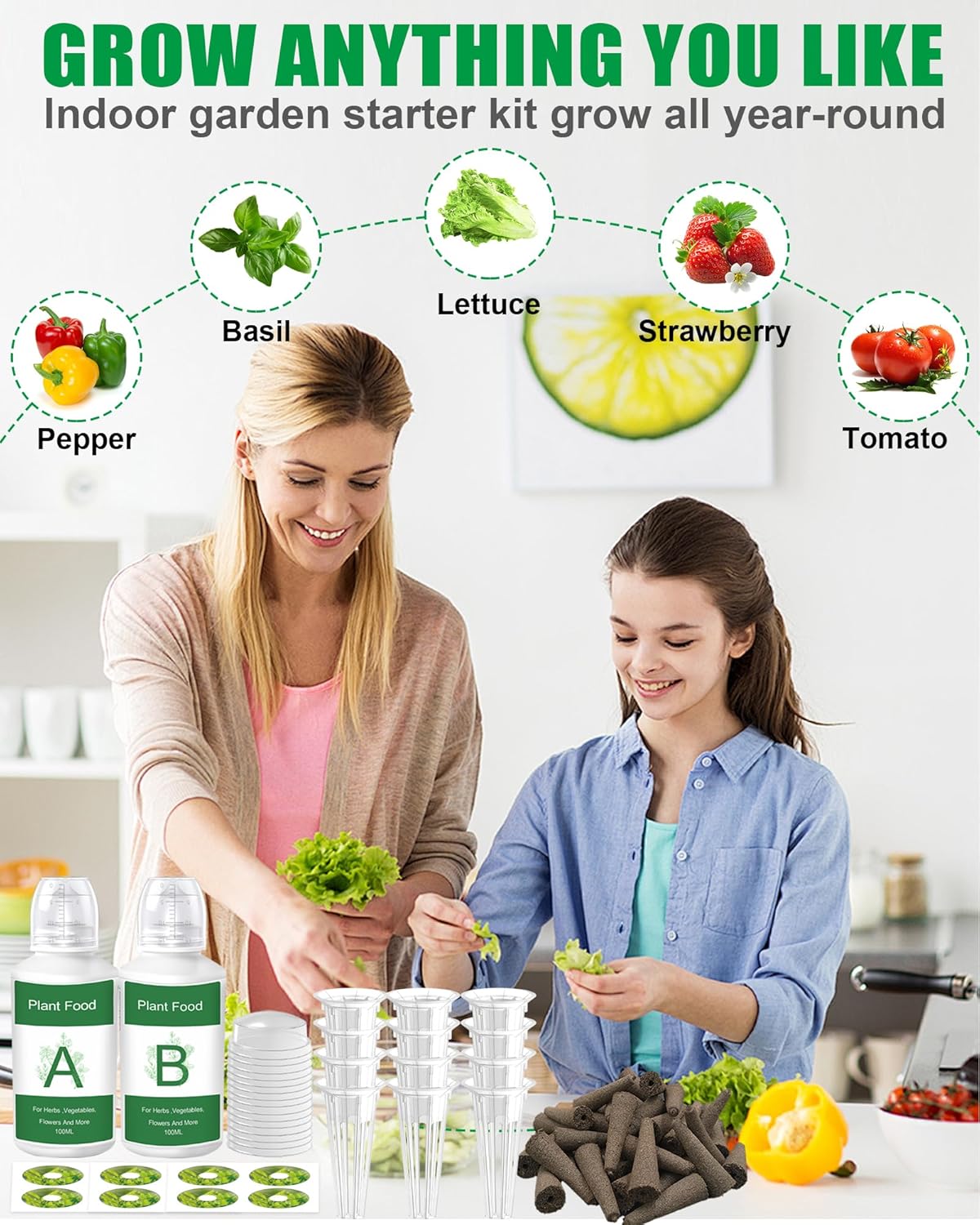 51Pcs Hydroponic Pods Kit：Supplies for Aerogarden Pods,12 Grow Sponges,12 Grow Baskets,12 Pod Labels,12 Grow Domes,with 200ml Plant Food Nutrient,1 Tweezers - Hydroponics Supplies for Most Brand