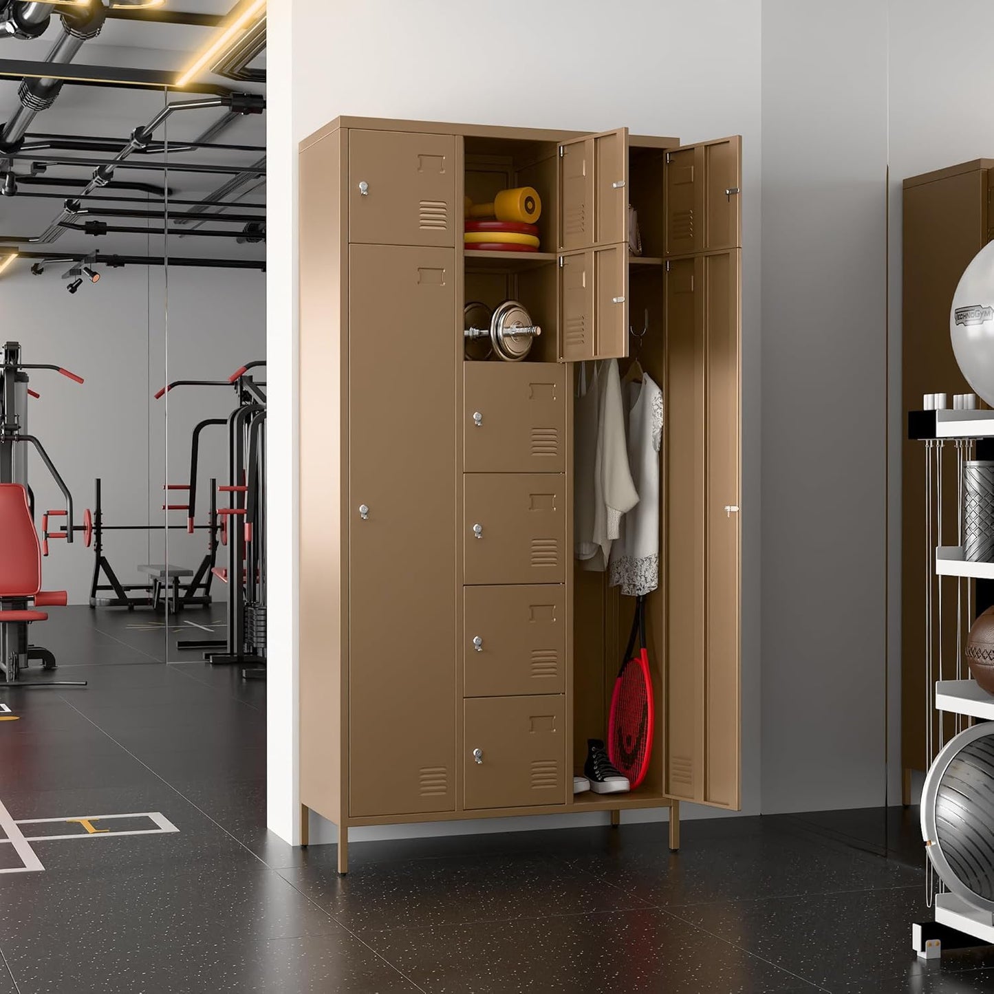 72" H Metal Storage Lockers with Doors,Industrial Combination Employee Lockers with Hooks for Office,Home Gym,School,Assembly Required,8+2Doors,Coffee