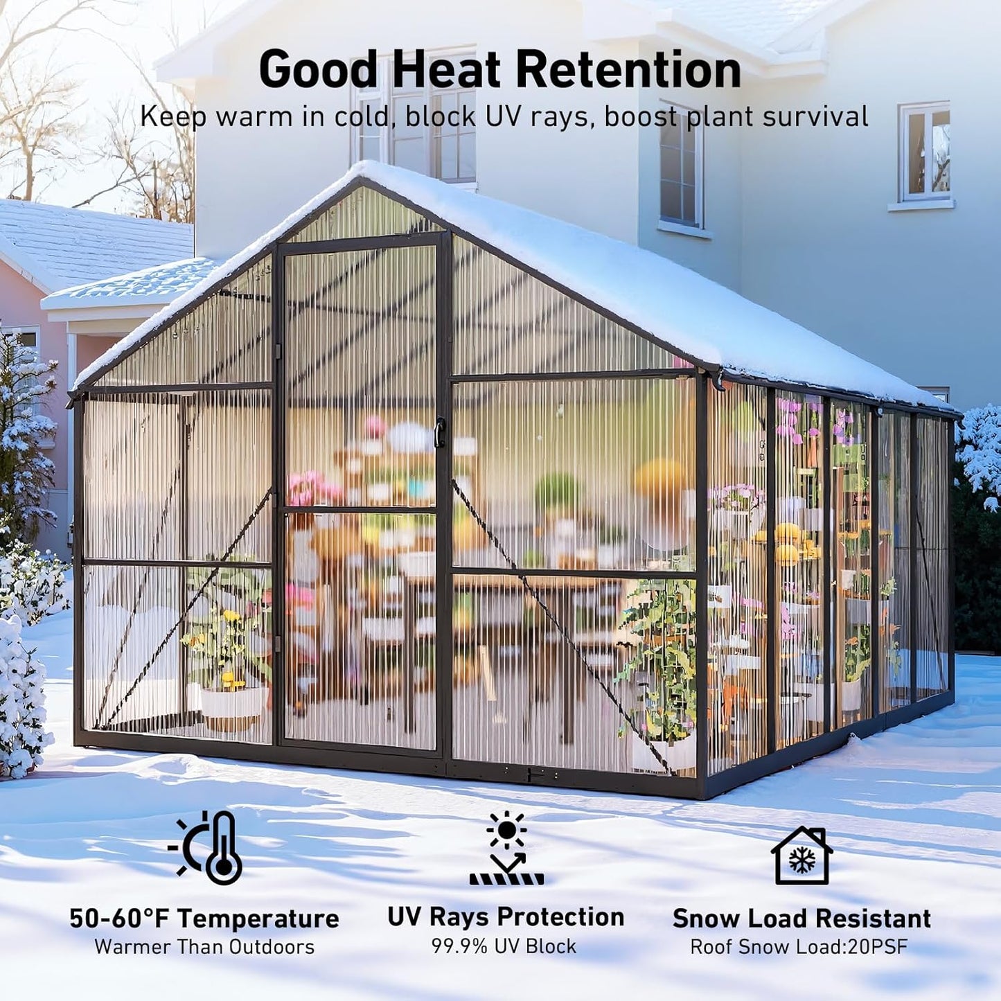 8x10FT Greenhouses for Outdoors, Polycarbonate Green House with UV Protection, Heavy Duty Greenhouse with Windproof Aluminum Frame, Roof Vent & Quick-Install Design for Backyard or Garden Use