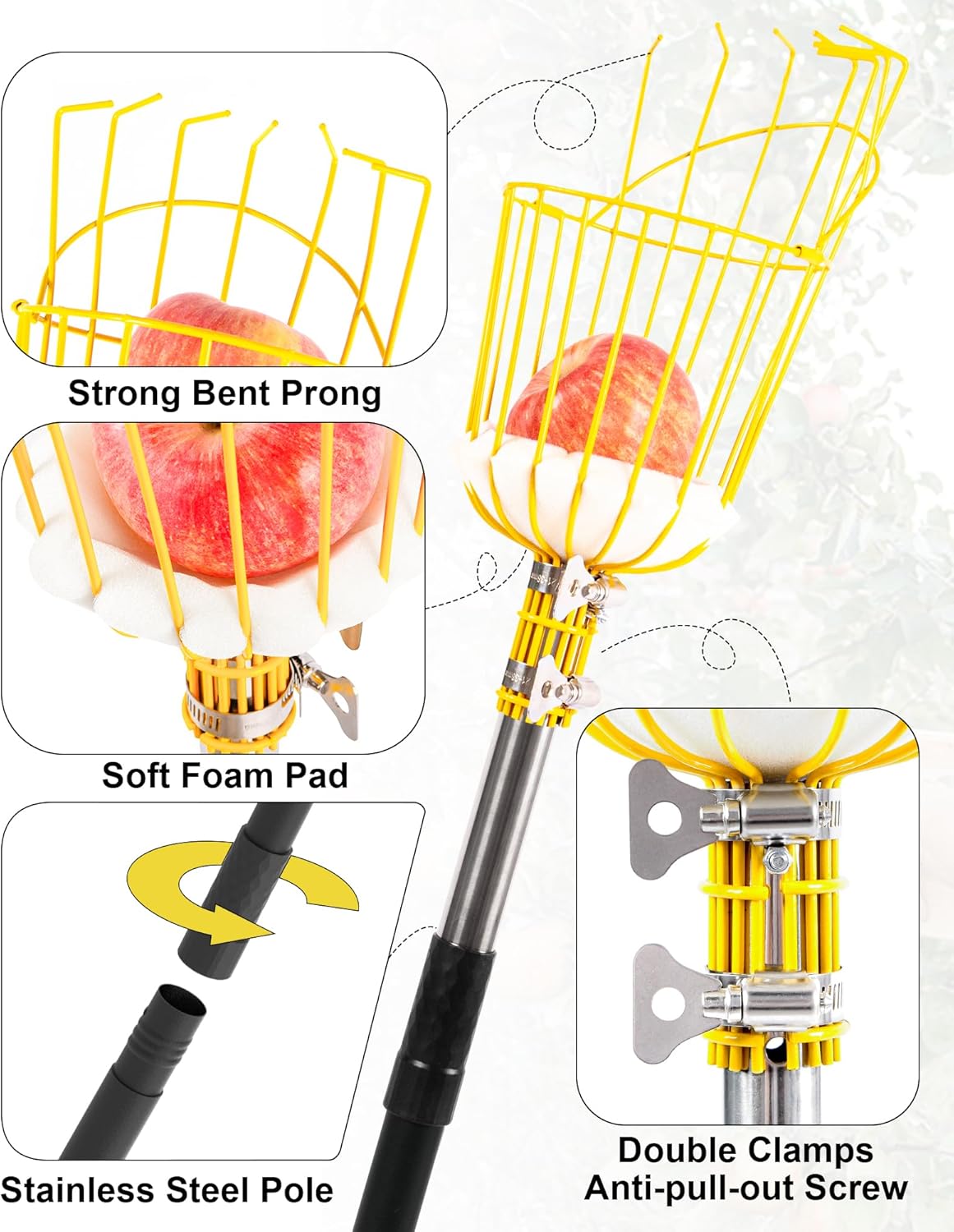 9FT Fruit Picker, Apple Picker Tool with Adjustable Pole and Basket, Long Reach Mango Grabber Tool, Tree Fruit Catcher for Picking Lemon Pear Orange Avocado Peach Citrus